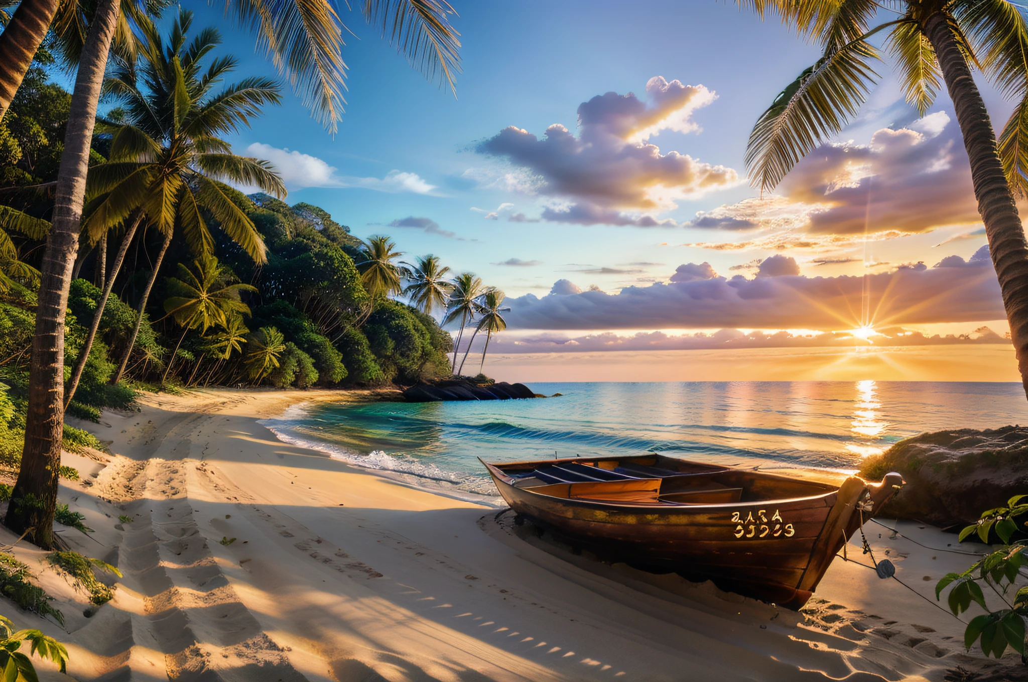 Forest trails, Sand, Sunlight shines through the leaves, Pure seawater, Calm atmosphere, Small wooden platform by the sea,small boats,Sunset,Tropical island, Beautiful painting style, Natural views