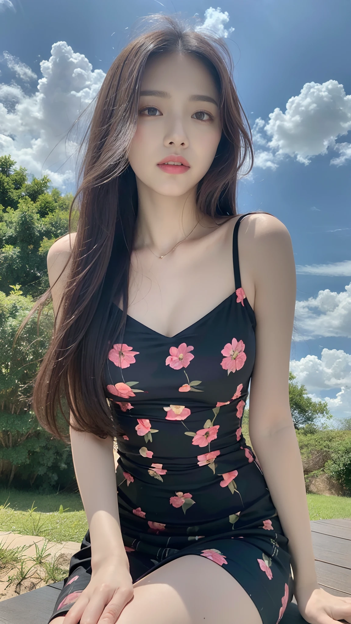 ((Best Quality, 8K, Masterpiece:1.3)), A beautiful girl, pure, melon face, gentle and cute, thin figure, facing right, head to right, lips closed, upper body leaning forward, [plaid skirt::0], [microskirt::0], pleated dress, print dress, negligee, loungewear, black silky long hair, round black big eyes, clear big eyes, Hydrated red lips, sweet, sitting, blue sky and white clouds, flower background,
