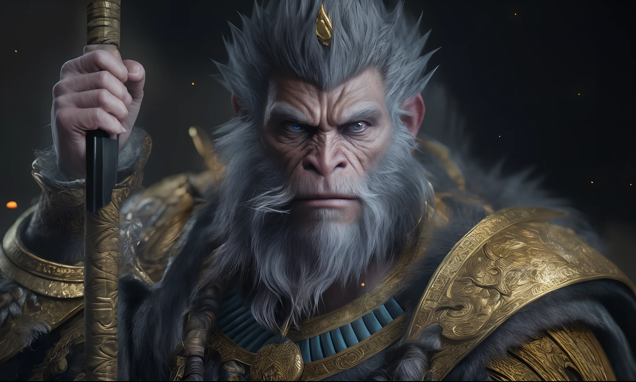 ((With a golden stick,Rotate the texture))，（Monkey transforms into bearded man ，golden yellow hair，））, mito，dream magical，(（(Light exposure）))，((marmoset render，Golden hair，)), Wukong, unreal engine character art, Son Goku, 4k concept art and hyper realism, hyper-detailed fantasy character, cgsociety uhd 4k highly detailed, 3 d ape shaman profile portrait, Rendu portrait 8k, 8 k cg render,((dark aesthetic))),Ancient Chinese armor