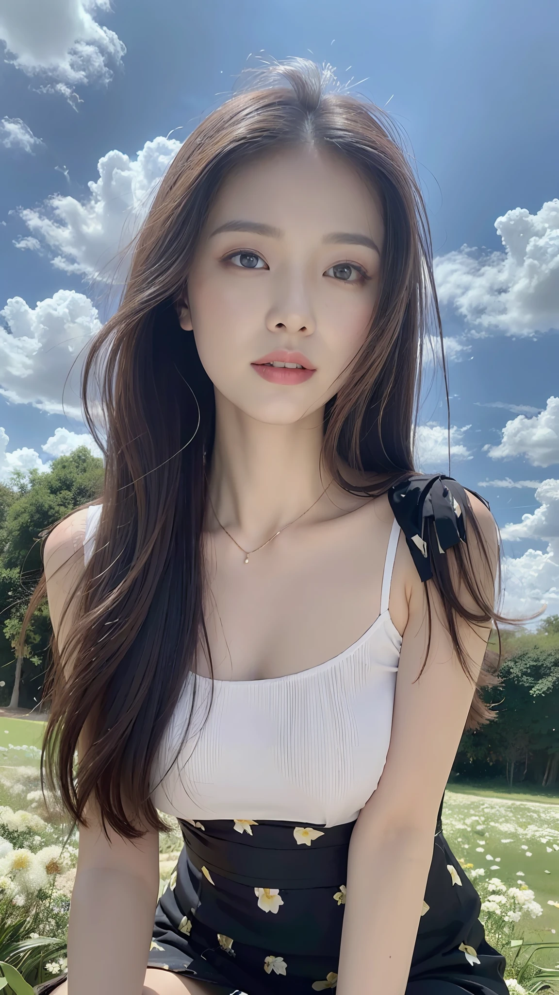 ((Best Quality, 8K, Masterpiece:1.3)), A beautiful girl, pure, melon face, gentle and cute, thin figure, facing right, head to right, lips closed, upper body leaning forward, [plaid skirt::0], [microskirt::0], pleated dress, print dress, negligee, loungewear, black silky long hair, round black big eyes, clear big eyes, Hydrated red lips, sweet, sitting, blue sky and white clouds, flower background,
