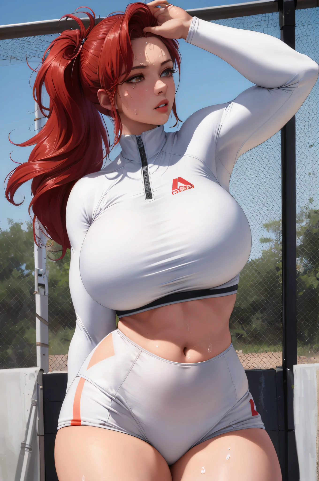 Masterpiece:1.2, Best quality), Realistic, (Real picture, Intricate details, Depth of field), (1girll, Solo), make up, parted lip, highly detailed, Perfect face,
(Huge breasts:1.4), (skin indentation), Thick thighs, Wide hips, Small waist, Tall, glossy coral lips,
red hair, Red eyes, pony tails,
(A girl playing volleyball, white volleyball suit), (full of sweat:1.2), (Wet), Sexy, Blushing,