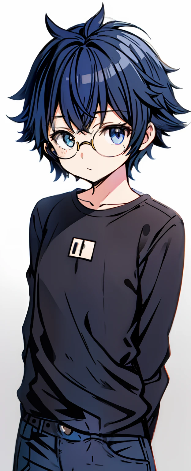 poles（Hairy messy black hair），（flatchest）Flat-chested tomboy，（（Tomboyish））(One guy)The entire body faces one side of the screen，with a pure white background，round frame glasses，15year old，Comic book style，