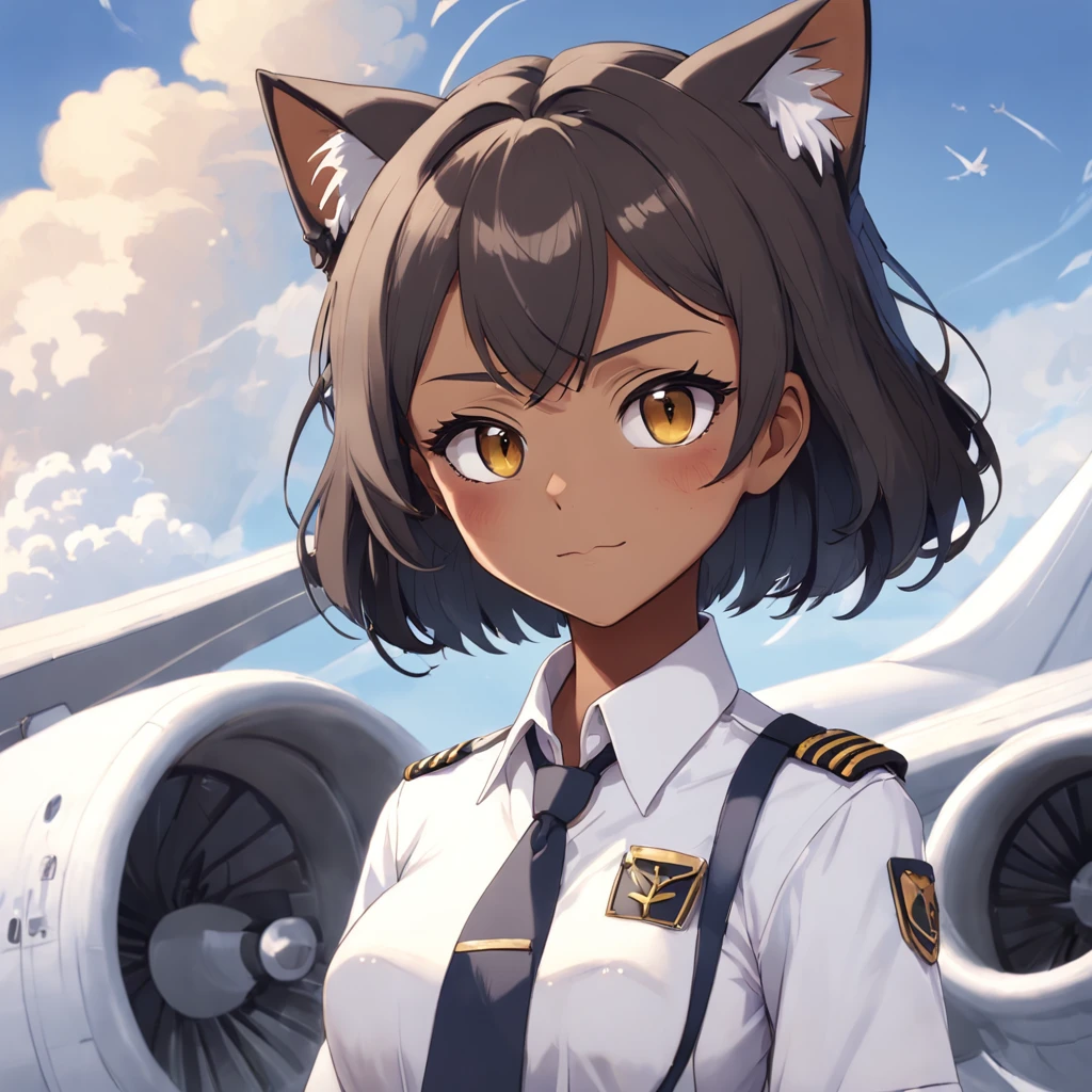 1girl, short black bob hair, yellow eyes, Round glasses, tan skin,dark skin ,BROWN SKIN, SHE HAS LIGHT BROWN SKIN, petite body, wearing plain white formal work shirt, wearing long black pants, business tie, absurdres, high res, ultrasharp, 8k, masterpiece, looking at viewer, cat ears, airline pilot uniform, airline pilot hat, white background, short sleeve, bangs, flat chest, whiskers, androgynous, she has cat ears on her head, she has cat teeth, cloudy background, holding pet black cat, smiling, large round glasses, no airplanes, airplane cabin background, choker leash