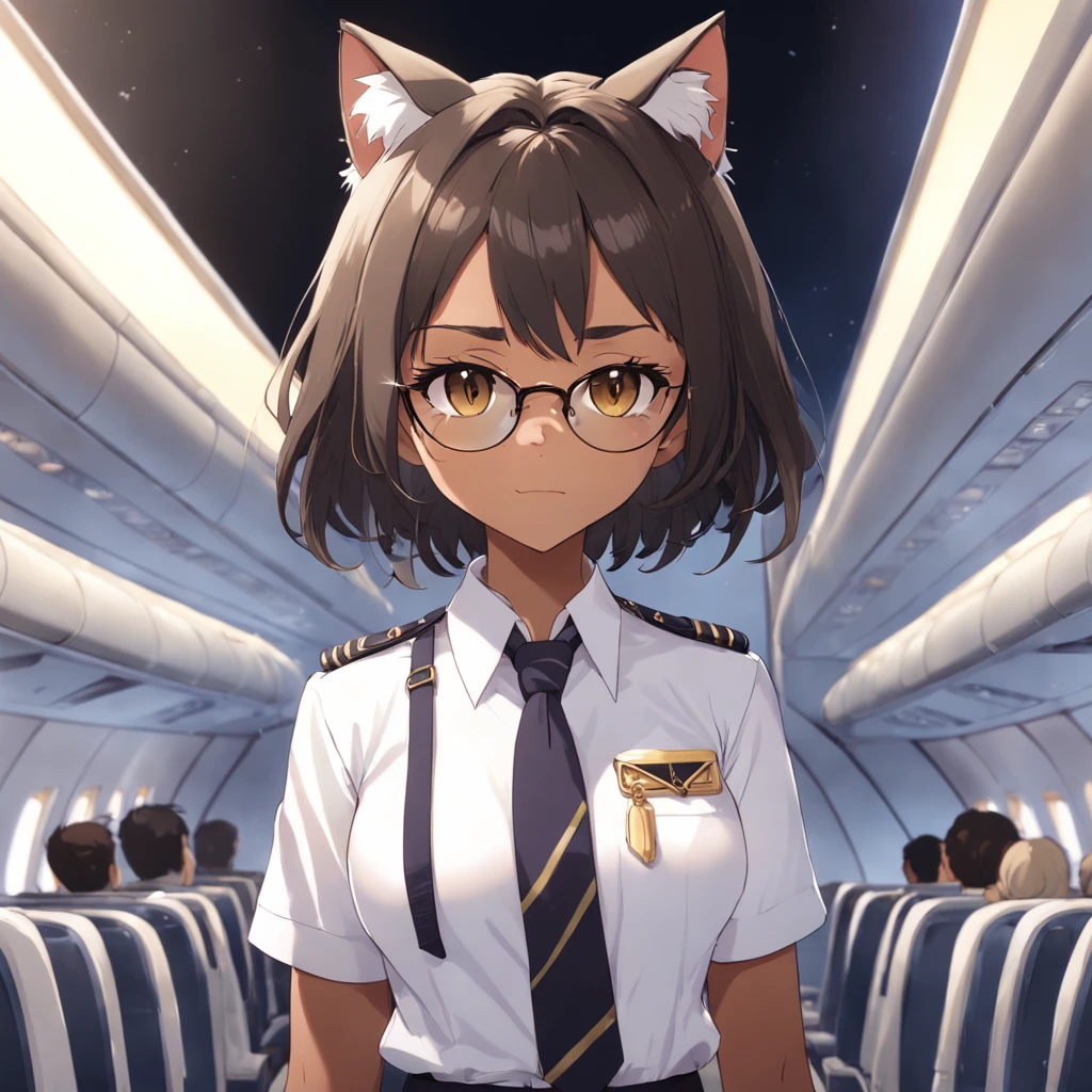 1girl, short black bob hair, yellow eyes, Round glasses, tan skin,dark skin ,BROWN SKIN, SHE HAS LIGHT BROWN SKIN, petite body, wearing plain white formal work shirt, wearing long black pants, business tie, absurdres, high res, ultrasharp, 8k, masterpiece, looking at viewer, cat ears, airline pilot uniform, airline pilot hat, white background, short sleeve, bangs, flat chest, whiskers, androgynous, she has cat ears on her head, she has cat teeth, cloudy background, holding pet black cat, smiling, large round glasses, no airplanes, airplane cabin background, choker leash