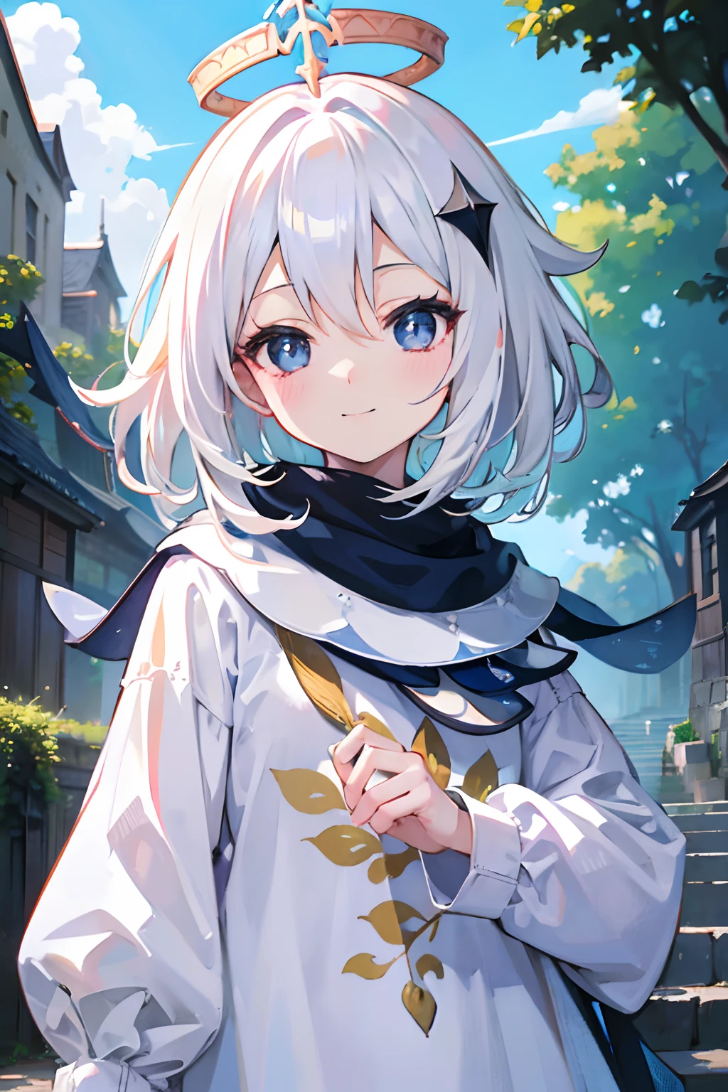 ((Illustration)),(((masutepiece))),((Best Quality)),(High resolution), 8K wallpapers per day,(Beautiful detailed eyes),(hight resolution), Reflective hair,Paimon Def, Standing, Upper body, Smile, blush, Outdoors, day, Simple background, Blue sky, skyporn, temple, Looking at Viewer, Moody lighting, face to the viewer,look at viewr