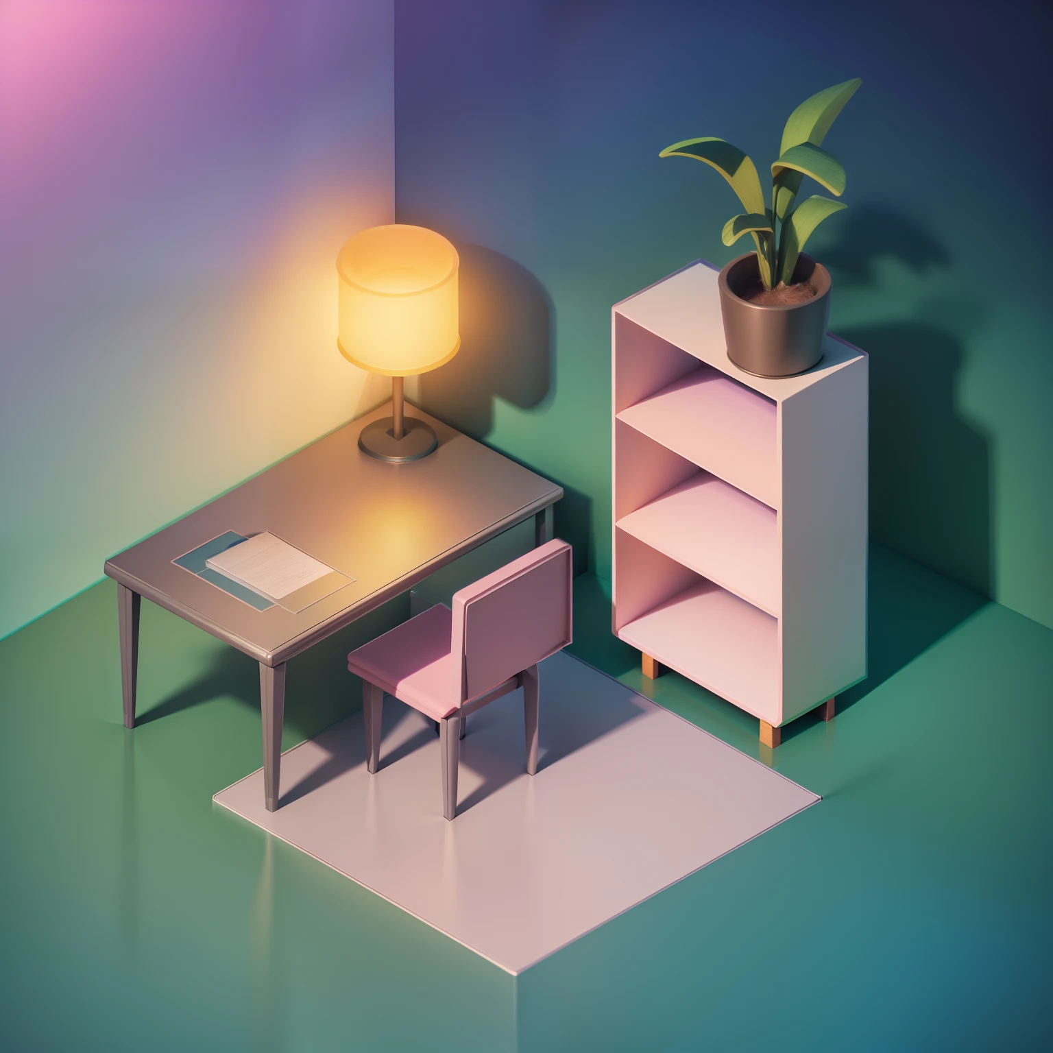 "(Isometric perspective:1.5),(pixar-style:1.2),There is a bed in the bedroom,sofe,table light,Study desk,janelas,Wall paintings,3 d modelling,pink back ground,Global illumination,Ray traching,hdr,rendering,unreal render,best qualtiy,8K,"