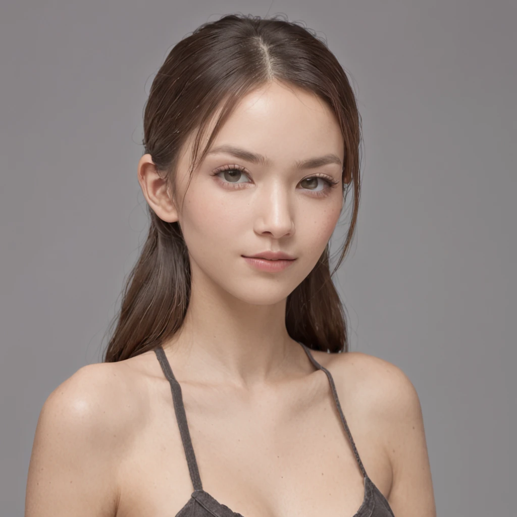A 20 year old girl with ponytail hair, big dark gray eyes, and a perfect ovale face, rendered in a photorealistic style with sharp edges and a vibrant atmosphere, standing in a convenience store with a top tank shirt being fucked by an old man