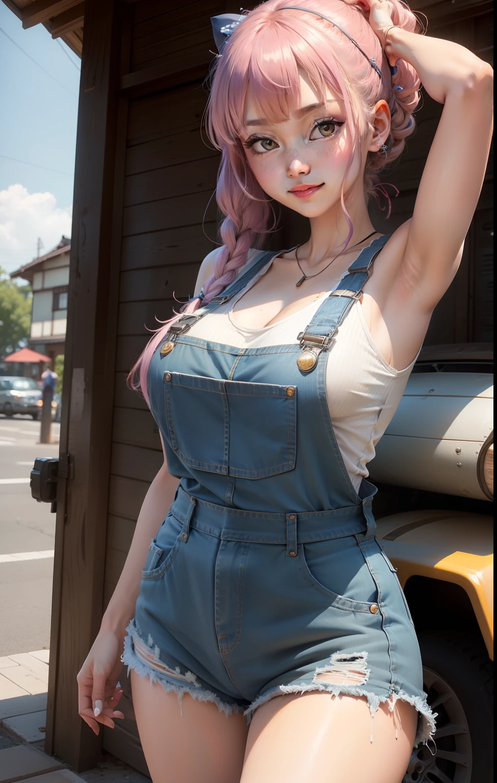 Engineer woman in overalls((top-quality、8K、masterpiece:1.4))、full body Esbian、focus clear:1.2、Excellent style:1.4、masuter piece、(Realisticity: 1.4)、(Photorealsitic:1.5)、
realisitic、realisticlying、Raw foto、hyperdetailed face(Tie your pink gold hair back、Cute Japan gal face、Teasing smile、The nose is stained with oil、hyper detailed background(blue-sky、Car under repair、)、Ultra-detailed costumes(Denim overalls(、Vintage、Shorts style)、Short T-shirt、、off shoulders)、Detailed body(large full breasts、Carnal thighs、large hips)、Detailed skin、Dynamic Poses、A tall、Covered in oil、Have the tools