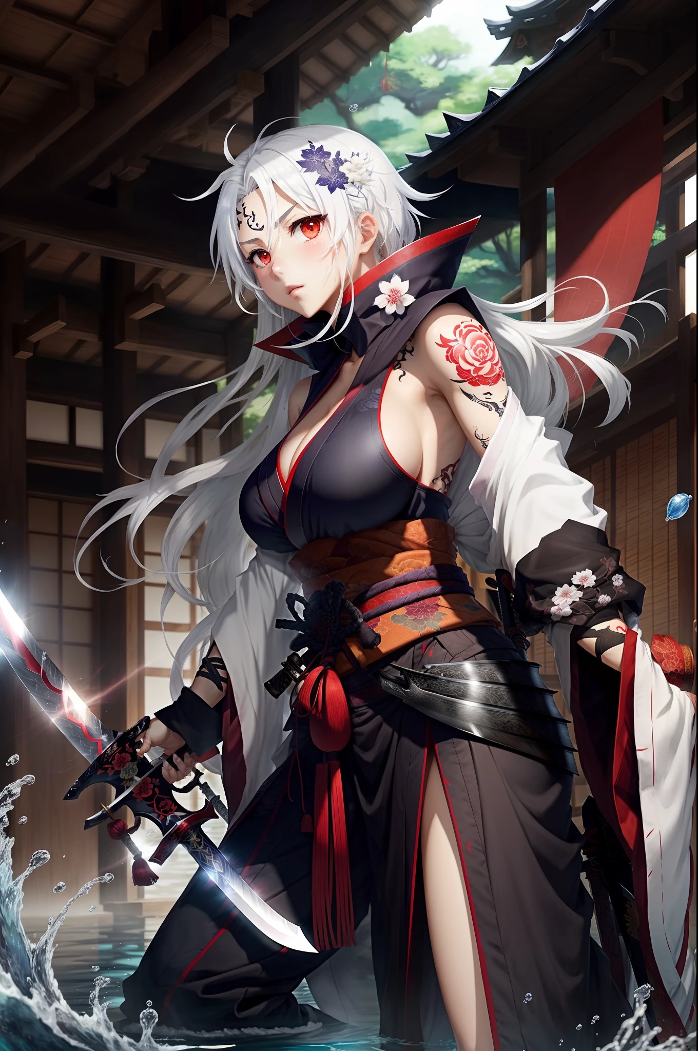 white hair、Akame、femele、samurais、huge tit、Sword、White Hakama、in isekai、knifes、The sword、Long、The Art of Water、Red sword blade、Fibrous hair、cloaks、thin-waist、A sexy、tattoo、long court、kimono、hair adornments、realisitic