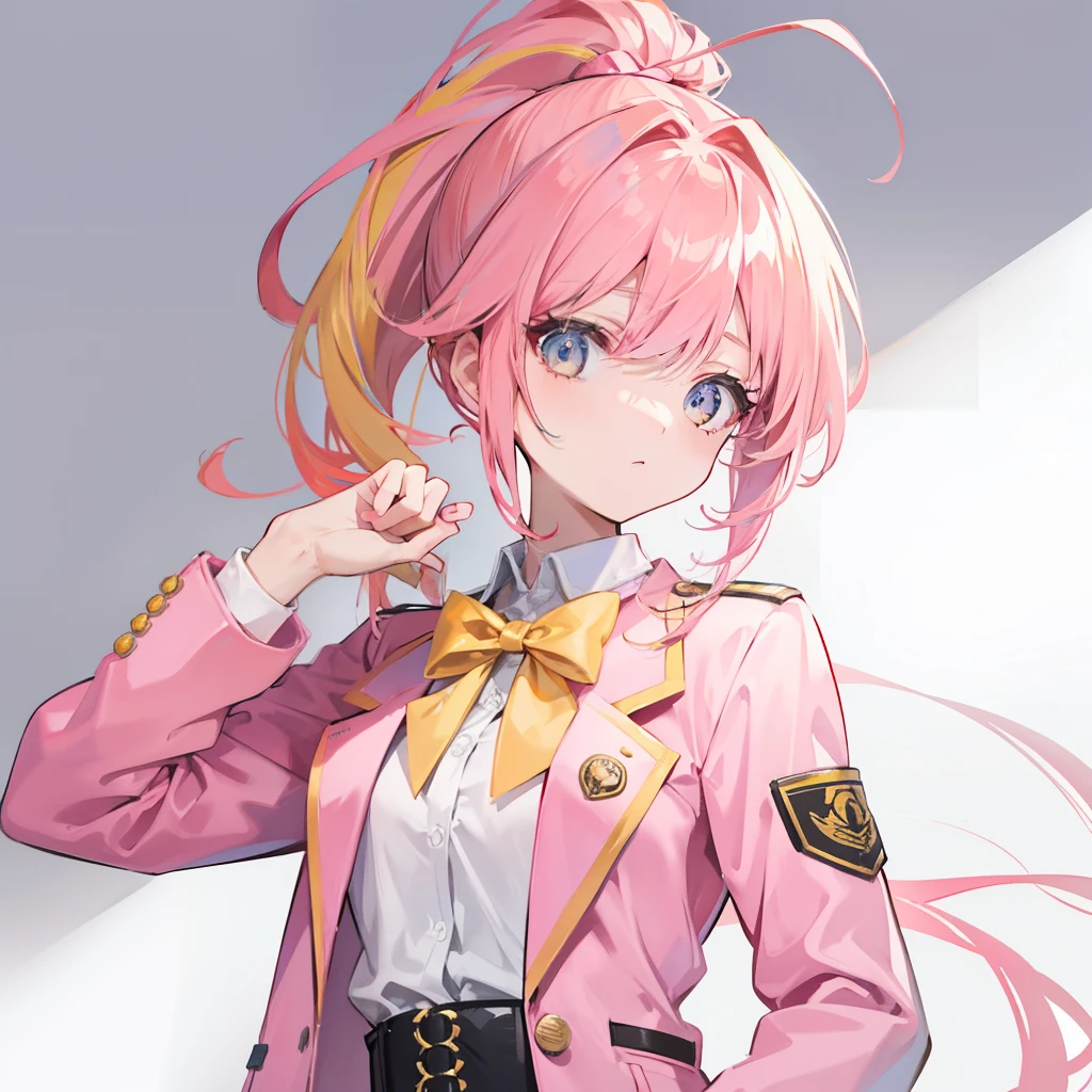 Pink yellow hair,High ponytail,Jacket school uniform,Slim waist and flat chest,Sweet and cute girl