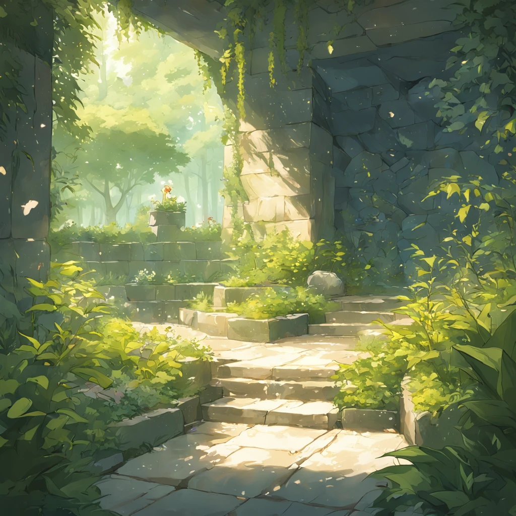 Natural garden landscape with plants around with loose stone floor and with stone wall and luxurious vertical garden behind and free space in the center of the image with clear sky