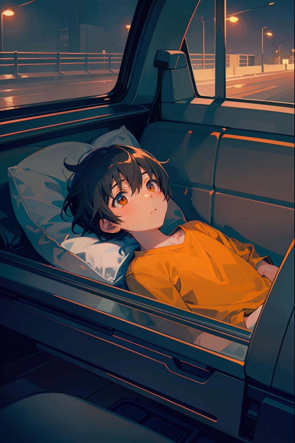 In the style of Makoto Shinkai, super fine illustration, best quality, From the rear seat window of a car, the glow of orange streetlights can be seen. Inside, a lying down gazes at the orange streetlights. The warm and nostalgic ambiance of the orange lights against the backdrop of the night captivates the child's attention.