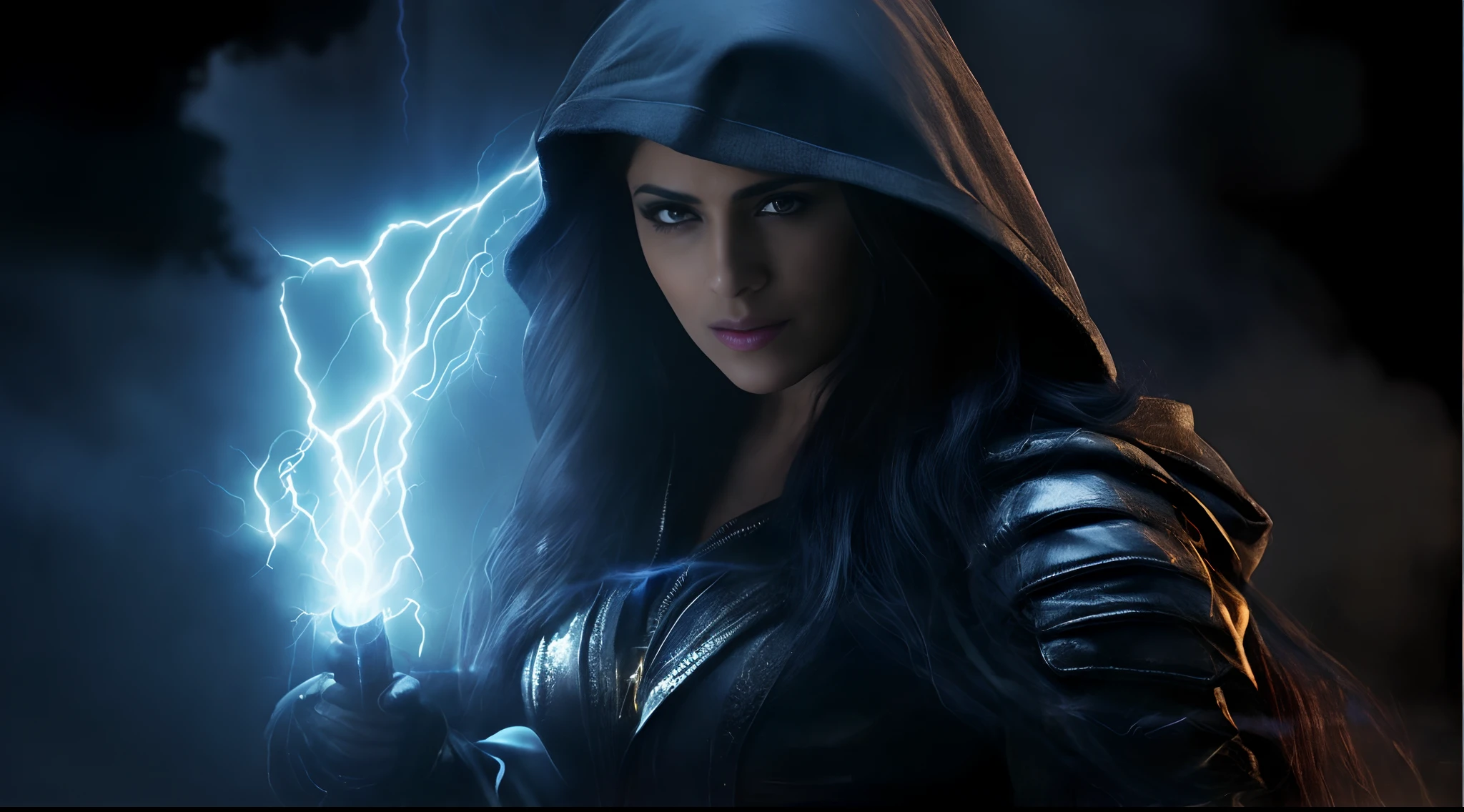 arafed woman in a hoodie holding a lightning bolt, maya ali as a lightning mage, maya ali as a storm sorcerer, she is attracting lightnings, splashes of lightning behind her, cinematic lightning, goddess of lightning, salma hayek as a sorceress, dark lightning, cinematic lightening, with lightning