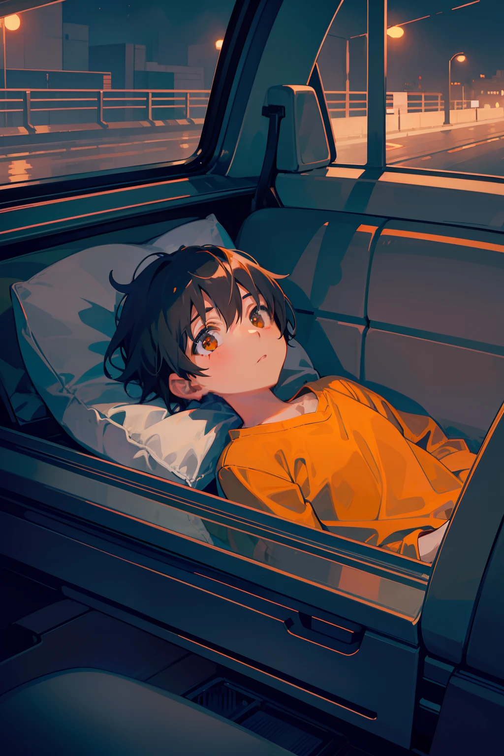 In the style of Makoto Shinkai, super fine illustration, best quality,　From the rear seat window of a car, the glow of orange streetlights can be seen. Inside, a  lying down gazes at the orange streetlights. The warm and nostalgic ambiance of the orange lights against the backdrop of the night captivates the child's attention.