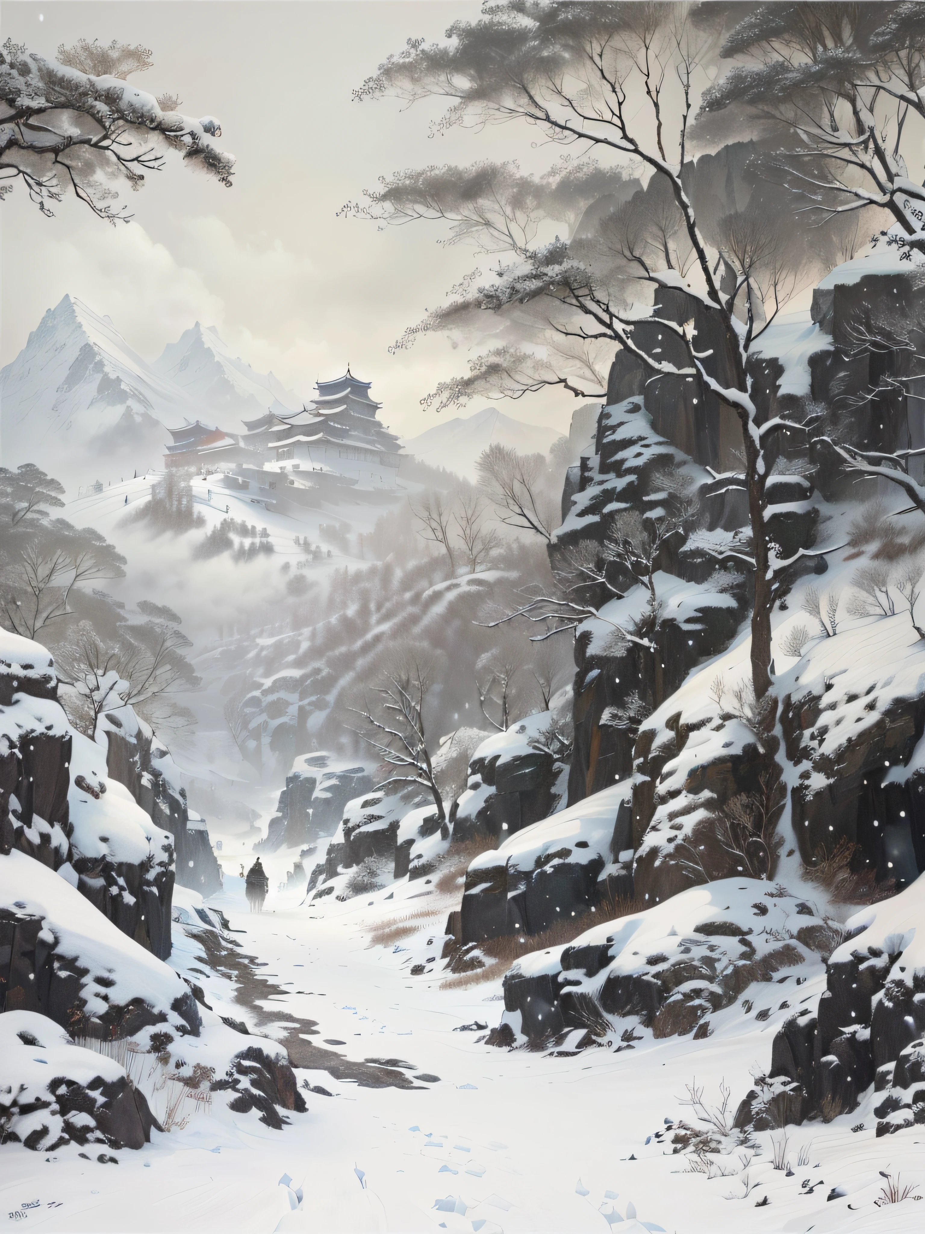 Painting a man with a horse through a snowy mountain landscape, inspired by sung choi, inspired by Huang Binhong, inspired by Lu Zhi, inspired by Shen Shichong, inspired by Kim Hong-do, korean artist, inspired by Liu Jun, snowy landscape, snow landscape, inspired by Wang Jian, inspired by Chen Yifei