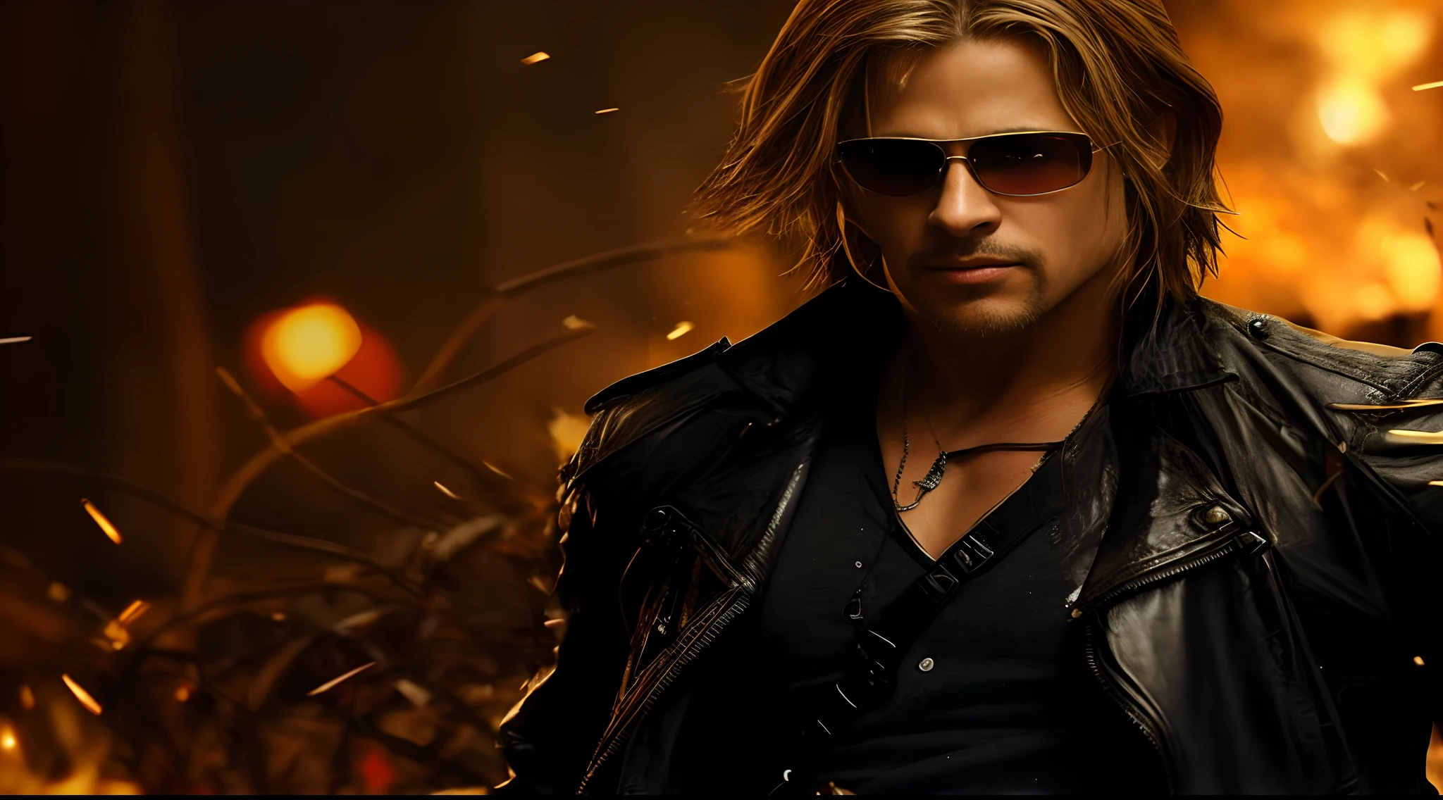 a close up of a man in a leather jacket and sunglasses, brad pitt is leon s. kennedy, brad pitt, portrait of brad pitt, brad pitt portrait, igla movie shot, intense smoldering, hd wallpaper, action movie still, intense look, hero, fan art, profile shot, igla, badass look, hq, with sunglasses