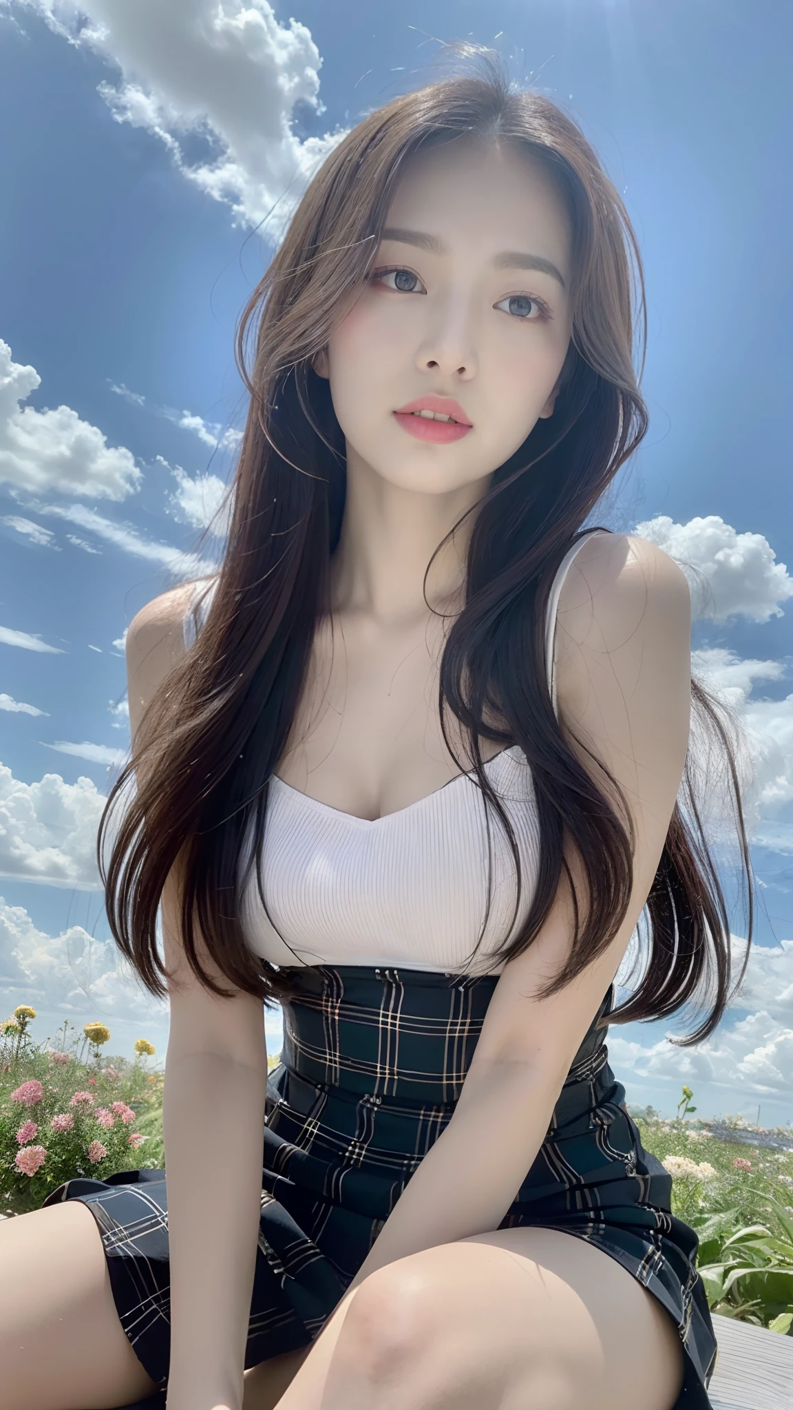 ((best quality, 8k, masterpiece:1.3)), A beautiful girl, pure, Oval face, Gentle and lovely, Thin body, Facing right, turn right, Lips tightly closed, Leaning forward, [Plaid skirt::0], [miniskirt::0], Pleated dress, Printed dress, ignore, Tracksuit, Black silky long hair, Big round black eyes, Clear big eyes, Hydrating red lips, Sweet, sitting, Blue sky and white clouds, flower background,