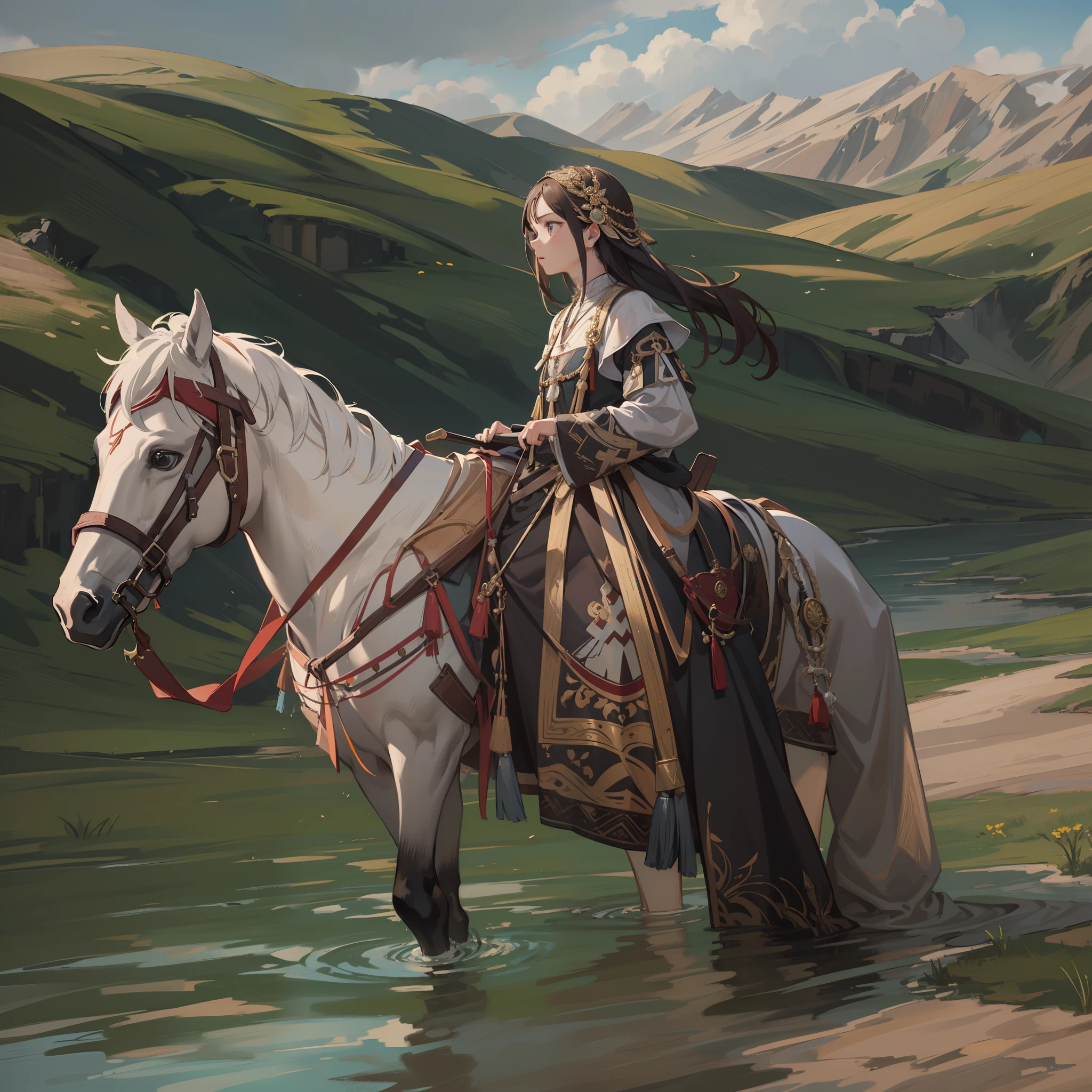 Medieval Central Asian national costume:1.2,low angle:1.5,high angle of view:1.8,Medieval Central Asian nomads:1.5,One Horse and One Girl:1.3,Dynamic horses,Undulating lakes,(4K), (Raw photo: 1.2), (Realism: 1.4), (masutepiece: 1.3), (exquisite detailing: 1.2), Delicate and beautiful details, (Eye Detail), (Facial Detailed), (Highest Quality) :1.4), (Hyper-Resolution: 1.2),(very detailed illustration), Best Quality, depth of fields, Wide light, natural shadows