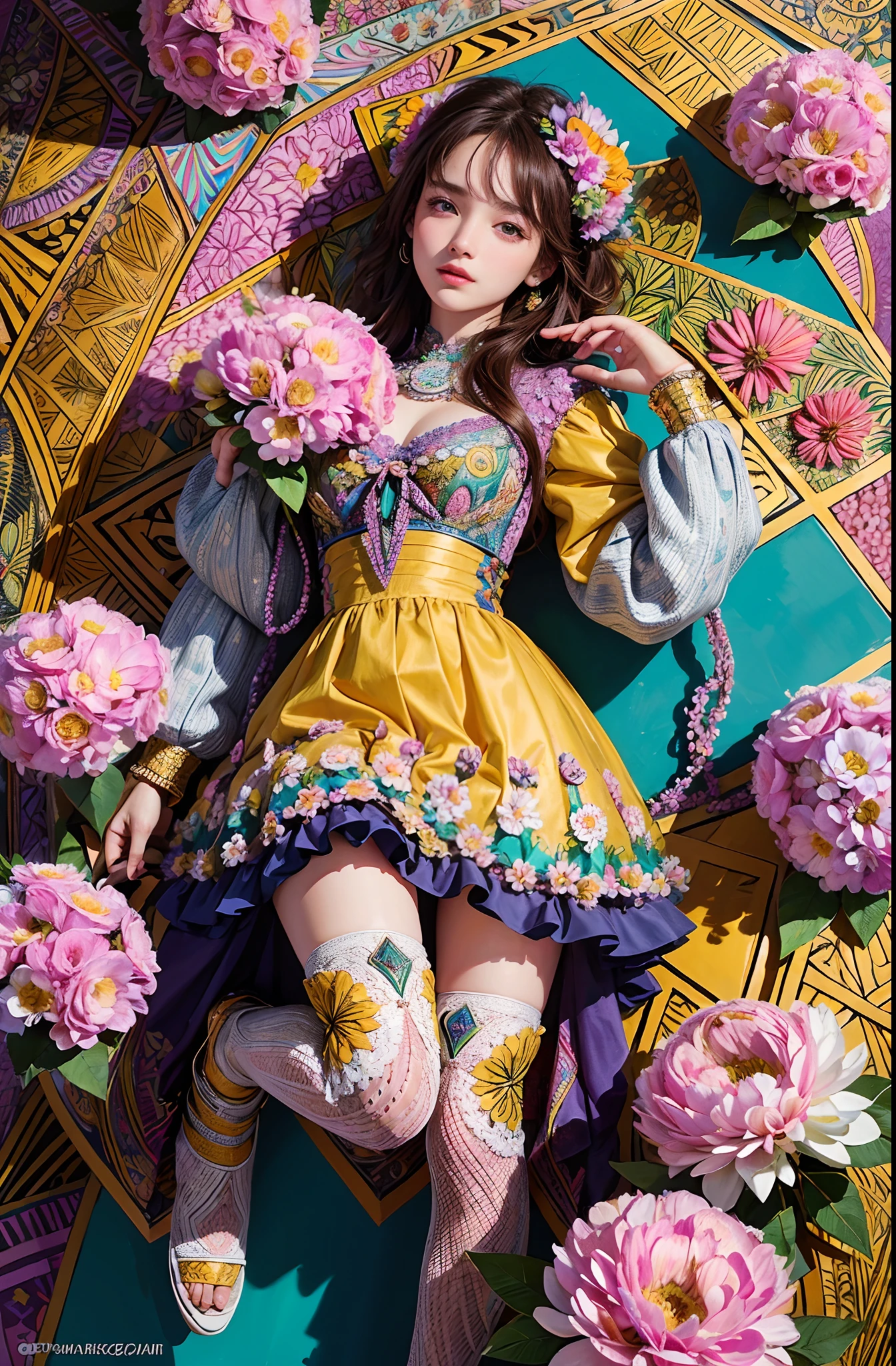 (ultra-detailed background, detailed background), absurdres, highres, ultra detailed, extremly detailed, 1girl, (bunch of flowers:1.3), (zentangle:1.2), (geometric:1.2),(colorful),
