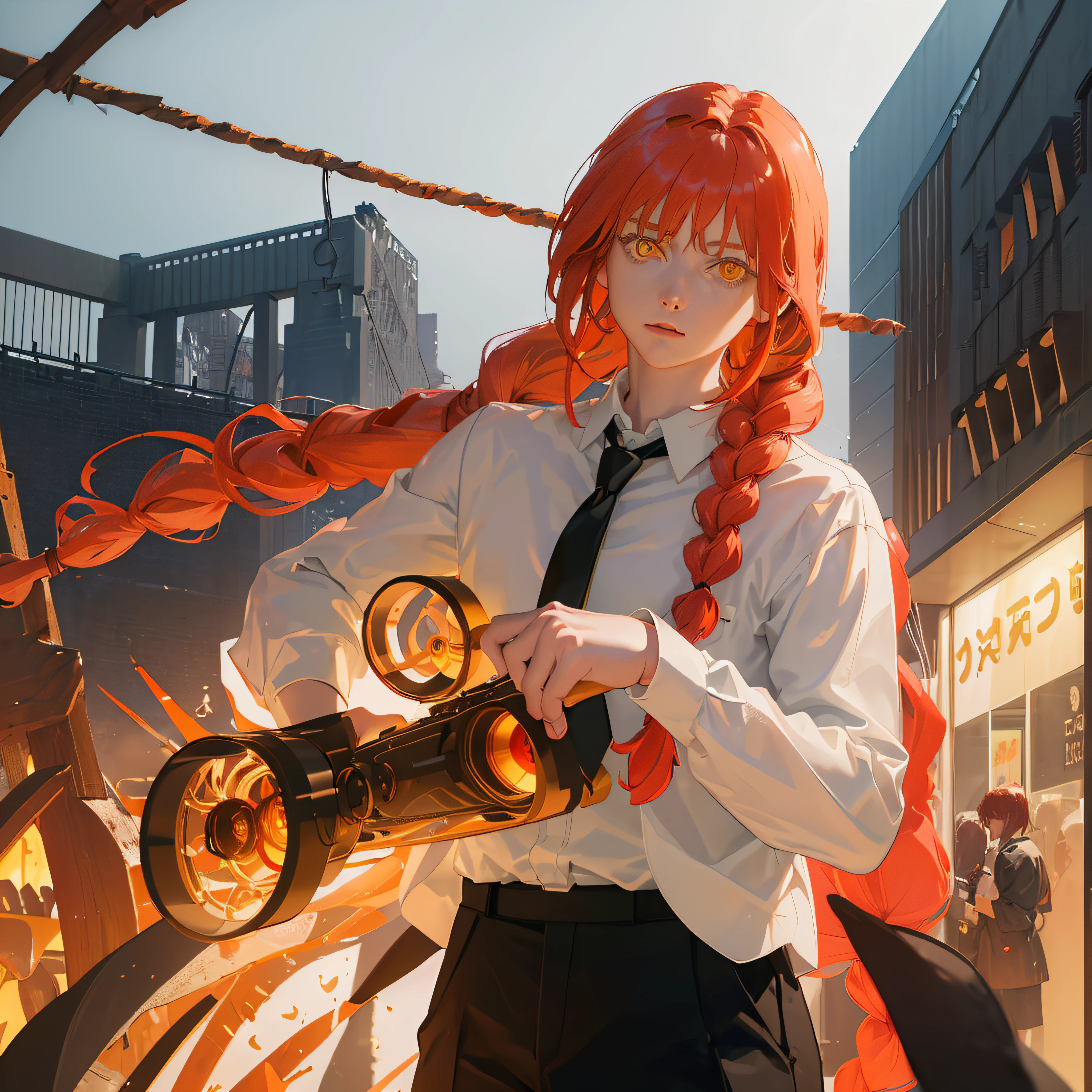 masterpiece, (photorealistic:1.4), best quality, beautiful lighting, , makima \(chainsaw man\), (red hair)+(long braided hair)+(bangs), yellow eyes, golden eyes, (ringed eyes), (white shirt), (necktie), RAW photo, 8k uhd, film grain, center of the city
