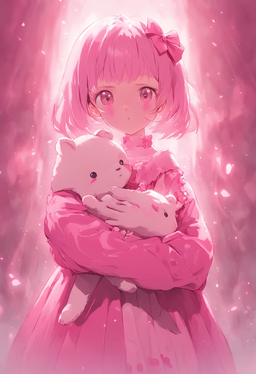 In pink，ta style clothing，teenrl，Holding the bear cub，Cute and cute，KIDS ILLUSTRATION，Glow effects，Dingdall effect，depth of fields，high light，Real light，Ray traching，oc rendered，Hyper-realistic，best qualtiy，8K，Works of masters，super-fine，Detailed pubic hair，Correct anatomy，sharp focus on eyes，Bokeh，Facial features are carefully depicted