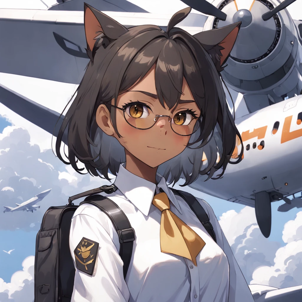 1girl, short black bob hair, yellow eyes, Round glasses, tan skin,dark skin ,BROWN SKIN, SHE HAS LIGHT BROWN SKIN, petite body, wearing plain white formal work shirt, wearing long black pants, business tie, absurdres, high res, ultrasharp, 8k, masterpiece, looking at viewer, cat ears, airline pilot uniform, airline pilot hat, white background, short sleeve, bangs, flat chest, whiskers, androgynous, she has cat ears on her head, she has cat teeth, cloudy background, holding pet black cat, smiling, large round glasses, no airplanes, airplane cabin background, wearing a choker on neck