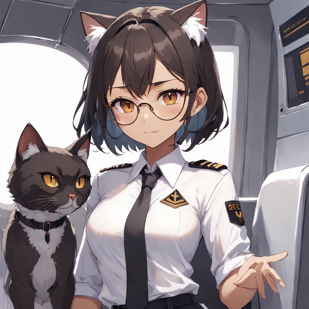 1girl, short black bob hair, yellow eyes, Round glasses, tan skin,dark skin ,BROWN SKIN, SHE HAS LIGHT BROWN SKIN, petite body, wearing plain white formal work shirt, wearing long black pants, business tie, absurdres, high res, ultrasharp, 8k, masterpiece, looking at viewer, cat ears, airline pilot uniform, airline pilot hat, white background, short sleeve, bangs, flat chest, whiskers, androgynous, she has cat ears on her head, she has cat teeth, cloudy background, holding pet black cat, smiling, large round glasses, no airplanes, airplane cabin background, wearing a choker on neck