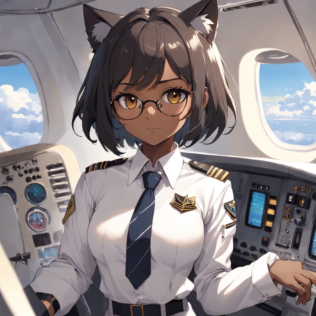 1girl, short black bob hair, yellow eyes, Round glasses, tan skin,dark skin ,BROWN SKIN, SHE HAS LIGHT BROWN SKIN, petite body, wearing plain white formal work shirt, wearing long black pants, business tie, absurdres, high res, ultrasharp, 8k, masterpiece, looking at viewer, cat ears, airline pilot uniform, airline pilot hat, white background, short sleeve, bangs, flat chest, whiskers, androgynous, she has cat ears on her head, she has cat teeth, cloudy background, holding pet black cat, smiling, large round glasses, no airplanes, airplane cabin background, wearing a choker on neck
