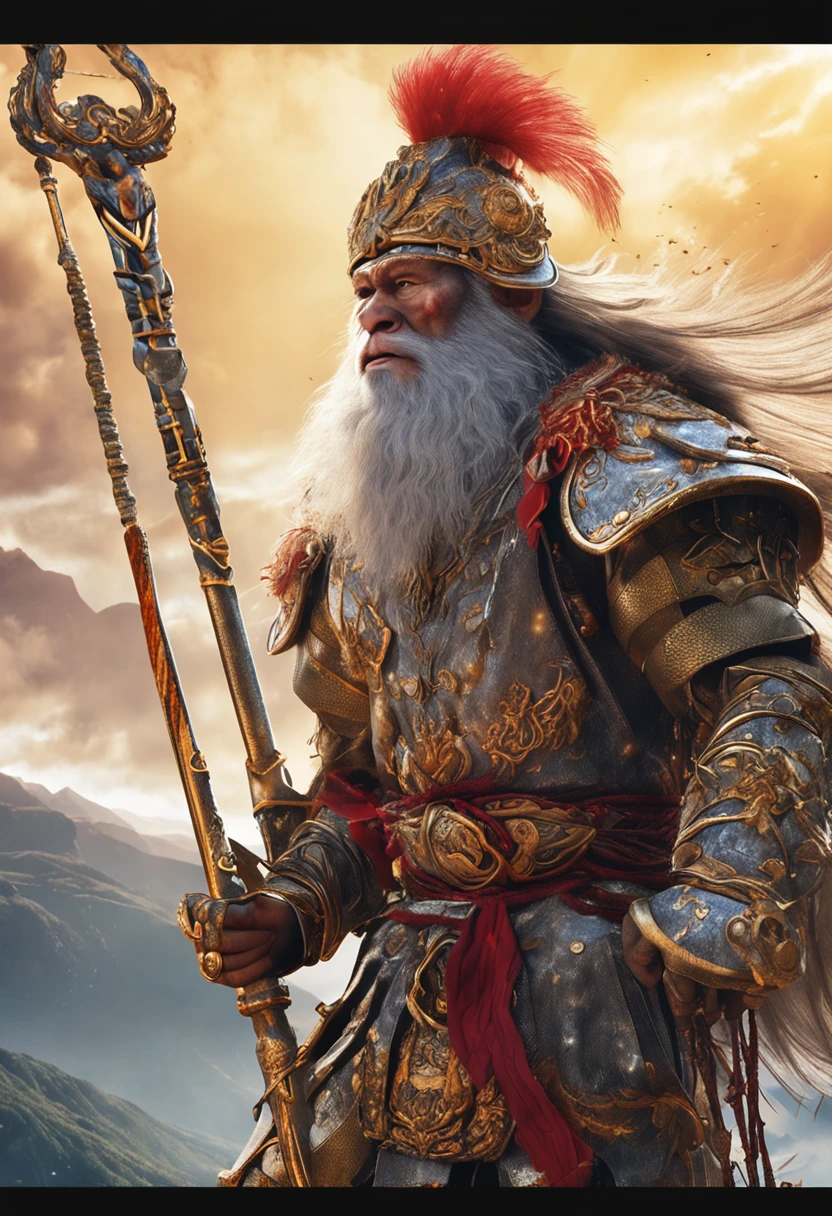 (Masterpiece, A sacred portrayal of the Monkey King:1.4), Wukong，solo, Holding a long golden stick，Wearing chain mail，Combat posture，tmasterpiece，ultraclear，UHD,extreme hight detail，The background is sky and clouds，suns，shine