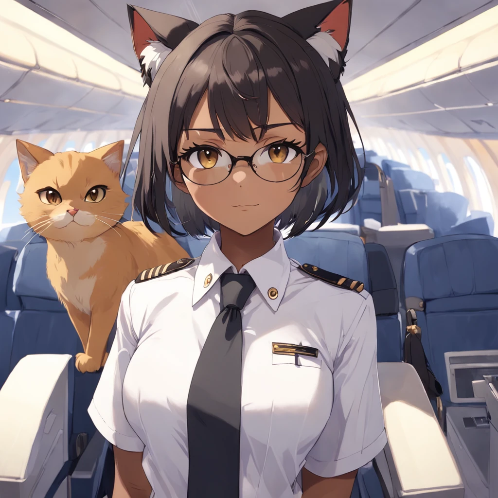 1girl, short black bob hair, yellow eyes, Round glasses, tan skin,dark skin ,BROWN SKIN, SHE HAS LIGHT BROWN SKIN, petite body, wearing plain white formal work shirt, wearing long black pants, business tie, absurdres, high res, ultrasharp, 8k, masterpiece, looking at viewer, cat ears, airline pilot uniform, airline pilot hat, white background, short sleeve, bangs, flat chest, whiskers, androgynous, she has cat ears on her head, she has cat teeth, cloudy background, holding pet black cat, smiling, large round glasses, no airplanes, airplane cabin background, wearing a choker on neck