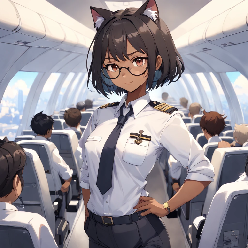1girl, short black bob hair, yellow eyes, Round glasses, tan skin,dark skin ,BROWN SKIN, SHE HAS LIGHT BROWN SKIN, petite body, wearing plain white formal work shirt, wearing long black pants, business tie, absurdres, high res, ultrasharp, 8k, masterpiece, looking at viewer, cat ears, airline pilot uniform, airline pilot hat, white background, short sleeve, bangs, flat chest, whiskers, androgynous, she has cat ears on her head, she has cat teeth, cloudy background, holding pet black cat, smiling, large round glasses, no airplanes, airplane cabin background, wearing a choker on neck
