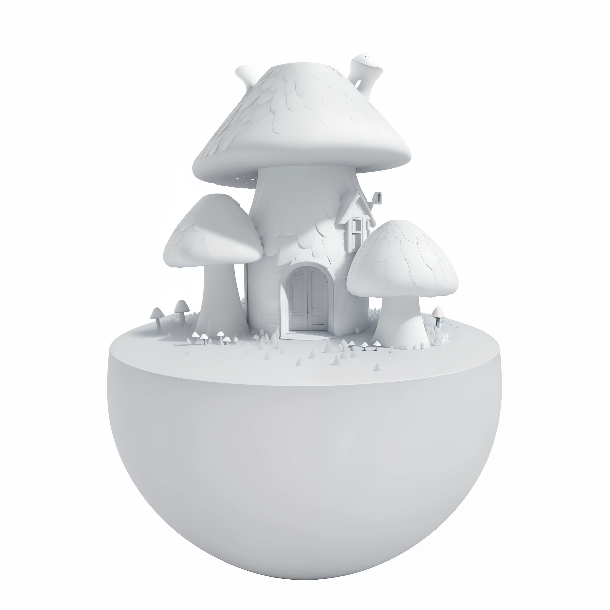 Mushroom house ambient occlusion rendering,Monochrome 3D model,Stylized to 3D rendering,ultra ambient occlusion。
