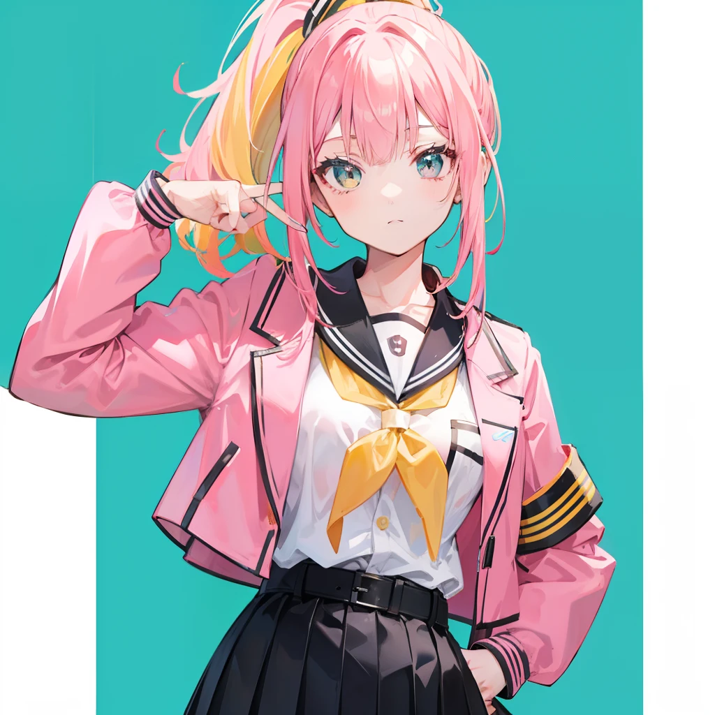 Pink yellow hair，High ponytail，Jacket school uniform，Slim waist and flat chest，Sweet and cute girl