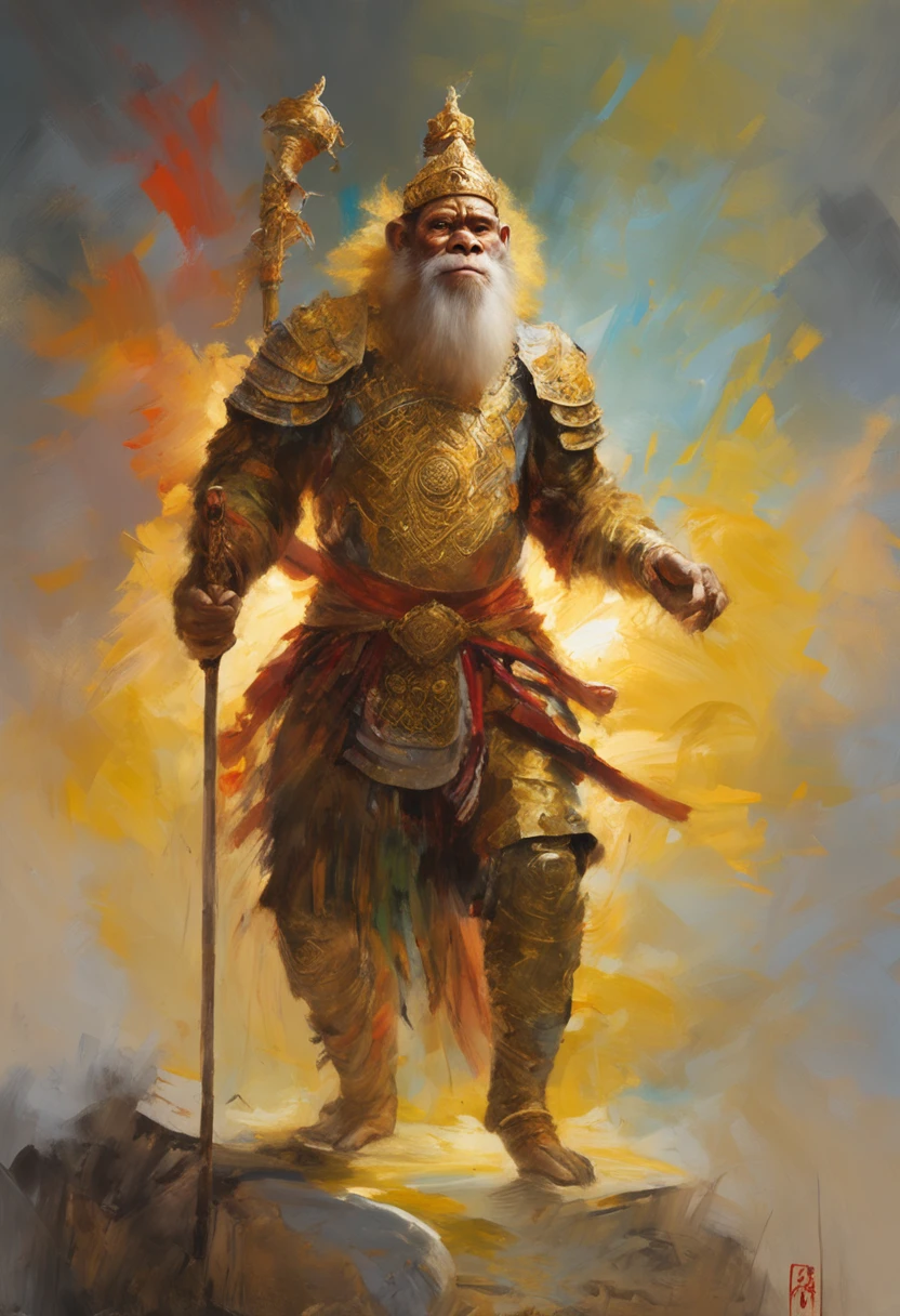 (Masterpiece, A sacred portrayal of the Monkey King:1.4), Wukong,solo, Holding a long golden stick,Wearing chain mail,Combat posture,tmasterpiece,ultraclear,UHD,extreme hight detail,The background is sky and clouds,suns,shine