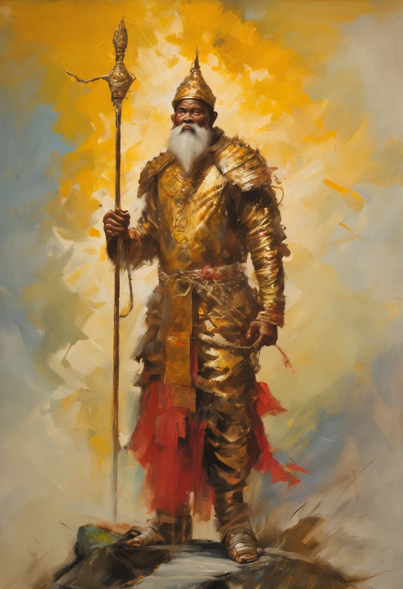 (Masterpiece, A sacred portrayal of the Monkey King:1.4), Wukong，solo, Holding a long golden stick，Wearing chain mail，Combat posture，tmasterpiece，ultraclear，UHD,extreme hight detail，The background is sky and clouds，suns，shine