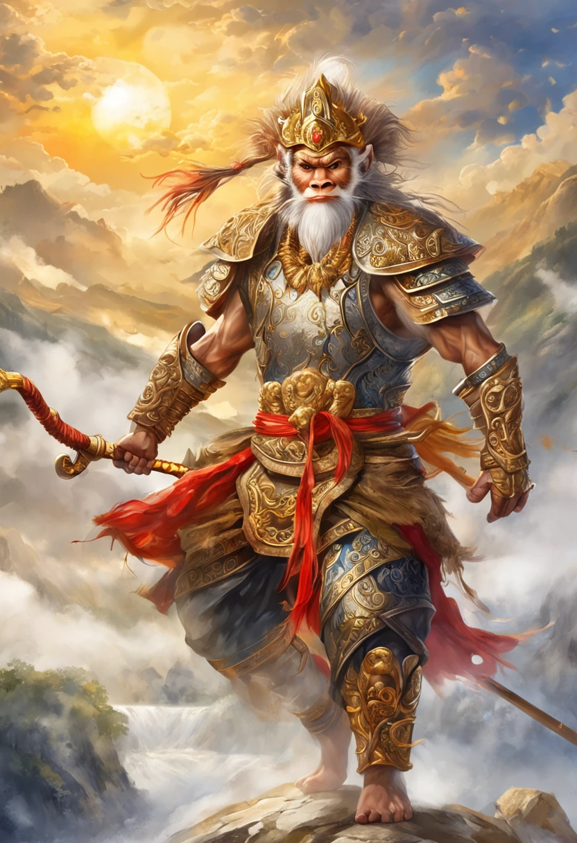 (Masterpiece, A sacred portrayal of the Monkey King:1.4), Wukong，solo, Holding a long golden stick，Wearing chain mail，Combat posture，tmasterpiece，ultraclear，UHD,extreme hight detail，The background is sky and clouds，suns，shine