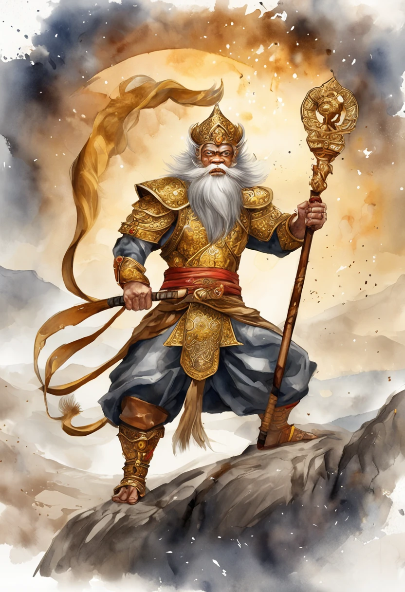 (Masterpiece, A sacred portrayal of the Monkey King:1.4), Wukong,solo, Holding a long golden stick,Wearing chain mail,Combat posture,tmasterpiece,ultraclear,UHD,extreme hight detail,The background is sky and clouds,suns,shine