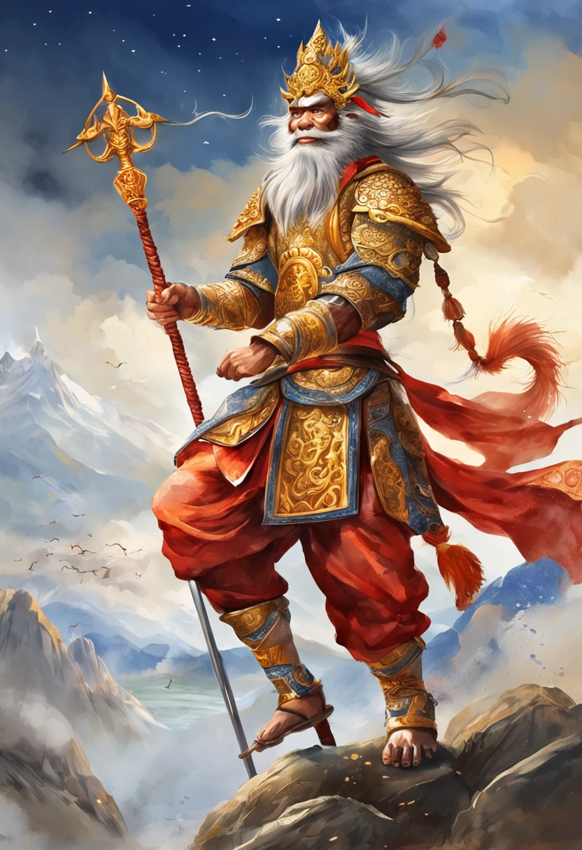 (Masterpiece, A sacred portrayal of the Monkey King:1.4), Wukong,solo, Holding a long golden stick,Wearing chain mail,Combat posture,tmasterpiece,ultraclear,UHD,extreme hight detail,The background is sky and clouds,suns,shine