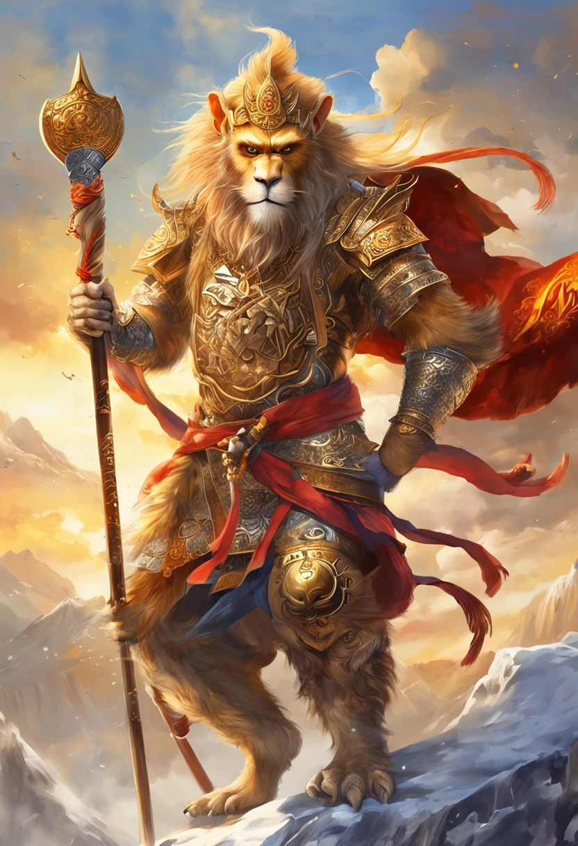 (Masterpiece, A sacred portrayal of the Monkey King:1.4), Wukong,solo, Holding a long golden stick,Wearing chain mail,Combat posture,tmasterpiece,ultraclear,UHD,extreme hight detail,The background is sky and clouds,suns,shine