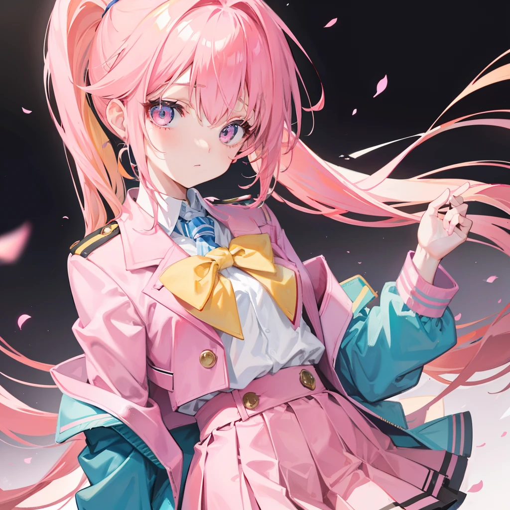 Pink yellow hair，High ponytail，Jacket school uniform，Slim waist and flat chest，Sweet and cute girl