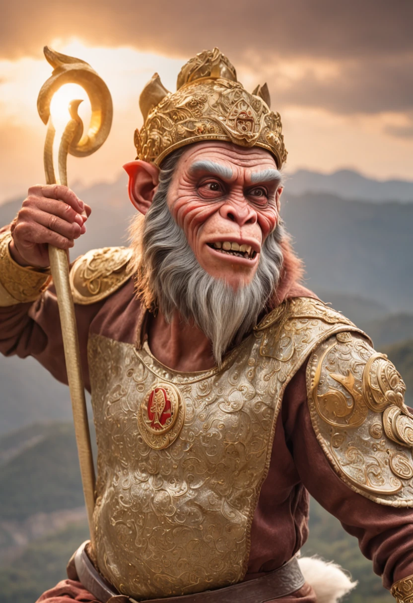 (Masterpiece, A sacred portrayal of the Monkey King:1.4), Wukong,solo, Holding a long golden stick,Wearing chain mail,Combat posture,tmasterpiece,ultraclear,UHD,extreme hight detail,The background is sky and clouds,suns,shine