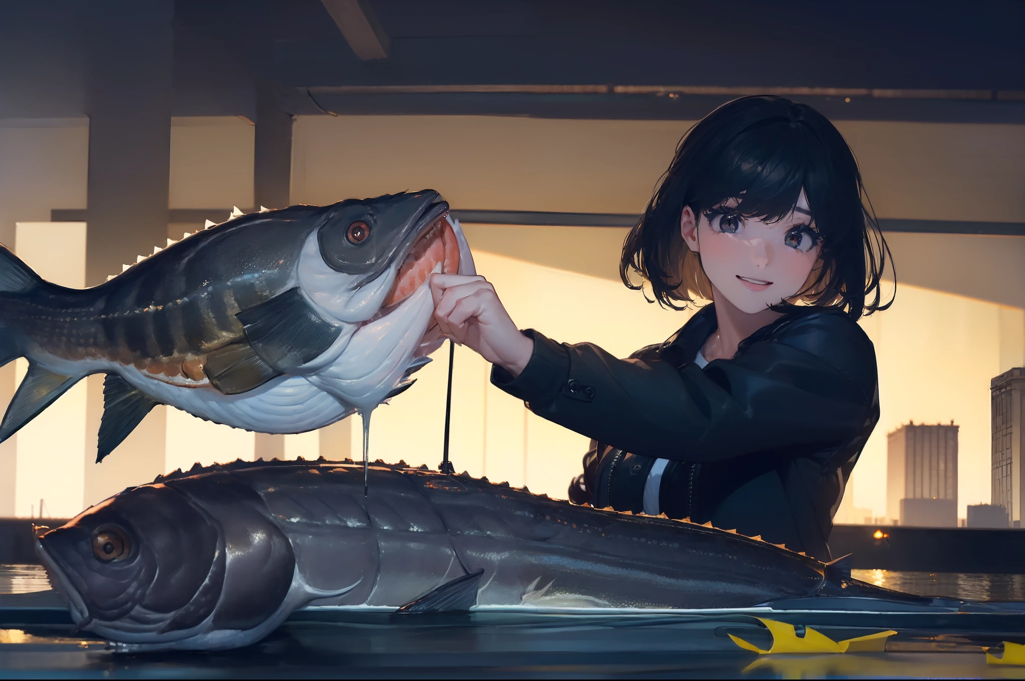 ((((Catch a big black bass by the lakeside:1.5)))),((1 Female 22 years old))((Best Quality, masterpiece :1.5)),(((Hands with the correct number and structure of fingers:1.4))),hight resolution,ultra-detailliert,masterpiece,best qualtiy,,Black hair, long eyeslashes, Solid Circle Eyes, Smiling Woman, drop shadow, Atmospheric perspective,Super Detail, ccurate, small brest,(Black jacket :1.1),top-quality, blurry backround, bokeh dof:1.2, (masterpiece:1.3), Atmospheric perspective,Super Detail,dynamic compositions