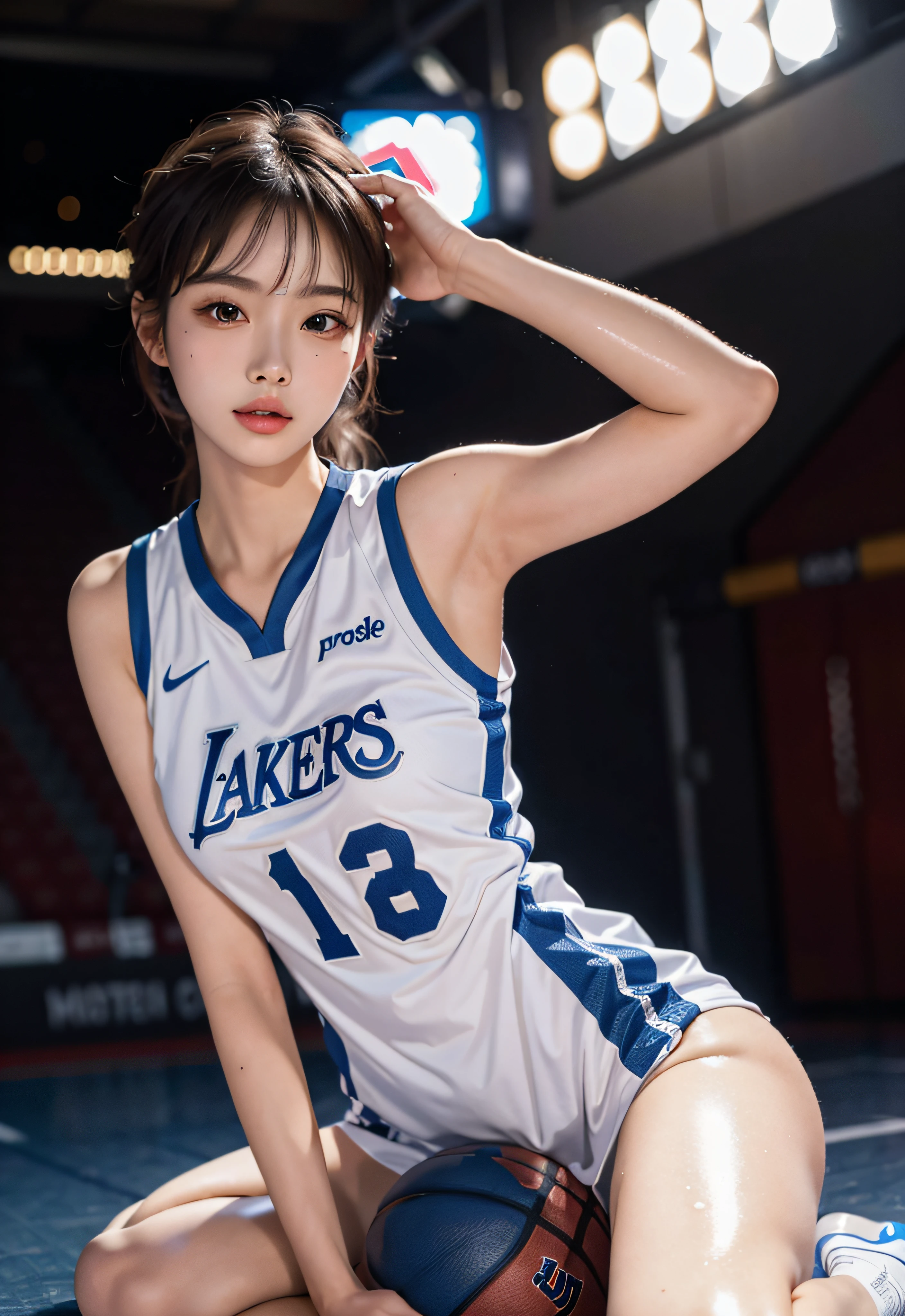 （ best qualtiy， tmasterpiece：1.2），A high resolution，4K,1girll，独奏，Delicate face，real looking skin，Dynamic light and shadow,Sharp focus,depth of fields,The eyes are delicate,pupil realistic, Playful expression， wear basketball uniform，（perfect bodies），（Big breasted 1.3），basketball playground，realisticlying, ultra - detailed, (shiny skins, perspired:1.4), looking at viewert,