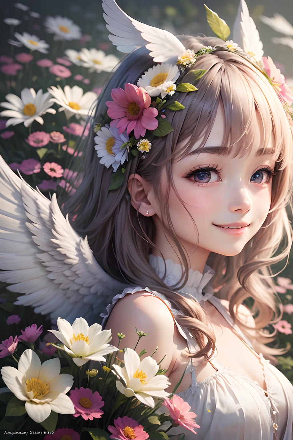 A mysterious angel with a sense of transparency、A smile、flower field