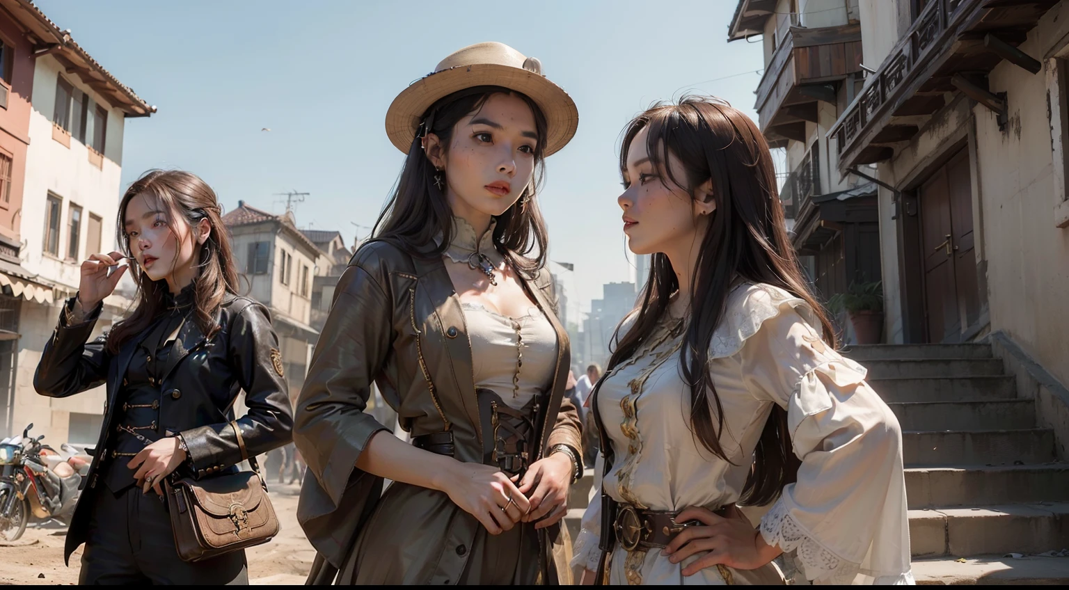 (realisitic,Photorealsitic:1.4),(1 Beauty:1.3),(beautiful countenance:1.5),Detailed shiny skin,A detailed eye,Precise hands and fingers,8K HDR, , masterpiece, (Dynamic angle footage),电影灯光, Finely drawn backgrounds,(steampunc,Decadent,Sci-fi,Mud, dust and dirt,Traces of war:1.2)Beautiful Vietnamese,Summer clothes,ligh brown hair,Aristocratic hairstyles,Dakar,There are many stairs,Bold poses,Composition seen from the side