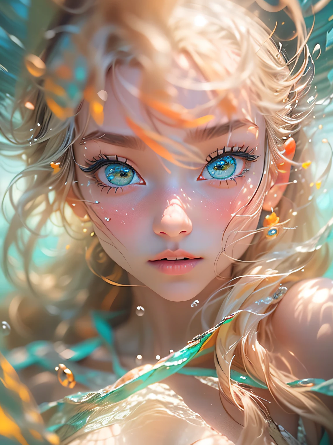 super girl, bikini of, Blue eyes, Blonde hair, Long hair, (Wet skin:0.8), (Blonde girl:1.5), (full bodyesbian:1.2), (Breast Focus:1.2), (Realistic:1.2), underwater shot, (Realism:1.2), (masutepiece:1.2), (Best Quality), (ultra-detailliert), (8K, Convoluted), (85 mm), light Particle, Lighting, (Highly detailed:1.2), (Detailed face:1.5), (gradients), SFW, Colorful, (Detailed eyes:1.5), (Detailed background), (Dynamic Angle:1.2), (Dynamic Pose:1.2), (rule of third_Composition:1.3), (Line of action:1.2), Wide Shot, night lights, Solo.　​masterpiece, top-quality, hightquality, hight resolution、Raw photo、full resolution、foco nítido、RAW Portrait、Photorealsitic、Raw foto、hyperdetailed photo、(natural skin textures、Detailed skin、Hyper-Realism、ultra sharpness)、High definition skin、(ighly detailed、detailed skin textures、intricate detailes、depth of fields、Bright lighting、（Lighting from below）、beautiful countenance、(lifelike face)、realisticeyes、beatiful detailed eyes、real looking skin、Beautiful skins、A hyper-realistic、ighly detailed、