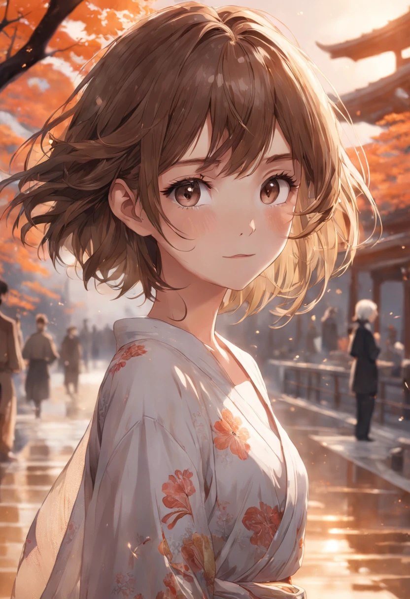 (RAW photo, Best quality), (Realistic, Photorealsitic:1.3), Masterpiece, Extremely delicate and beautiful, Soft light, (Brown hair, Short hair swaying in the wind, bangs), Beautiful detailed girl, (Detailed fingers), extremely detailed eye and face, Beautiful detailed nose, Beautiful detailed eyes, 1 girl, Japanese, Neat and clean beauty, Cute, Young, Smile, Dress shirt, Pants, (Half body:1.3), (Medium breasts), Realistic face, Realistic body, Outdoors
