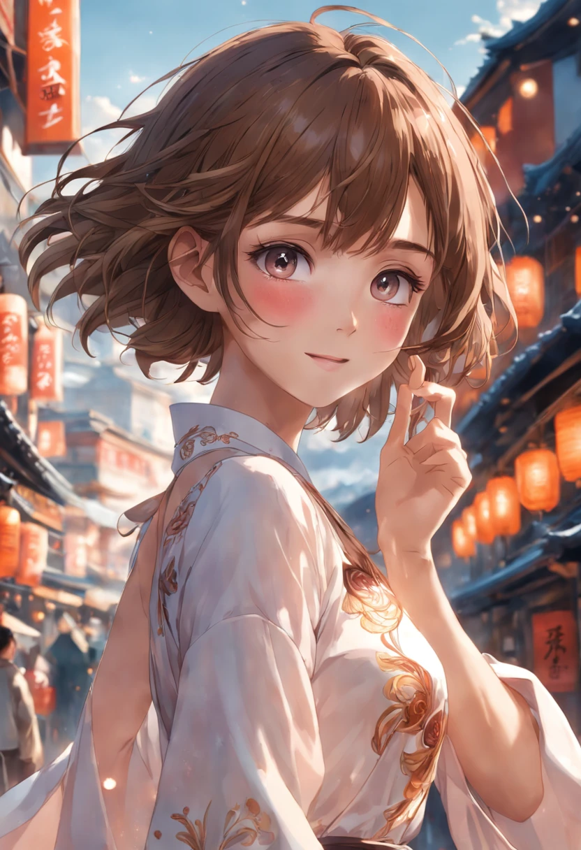 (RAW photo, Best quality), (Realistic, Photorealsitic:1.3), Masterpiece, Extremely delicate and beautiful, Soft light, (Brown hair, Short hair swaying in the wind, bangs), Beautiful detailed girl, (Detailed fingers), extremely detailed eye and face, Beautiful detailed nose, Beautiful detailed eyes, 1 girl, Japanese, Neat and clean beauty, Cute, Young, Smile, Dress shirt, Pants, (Half body:1.3), (Medium breasts), Realistic face, Realistic body, Outdoors