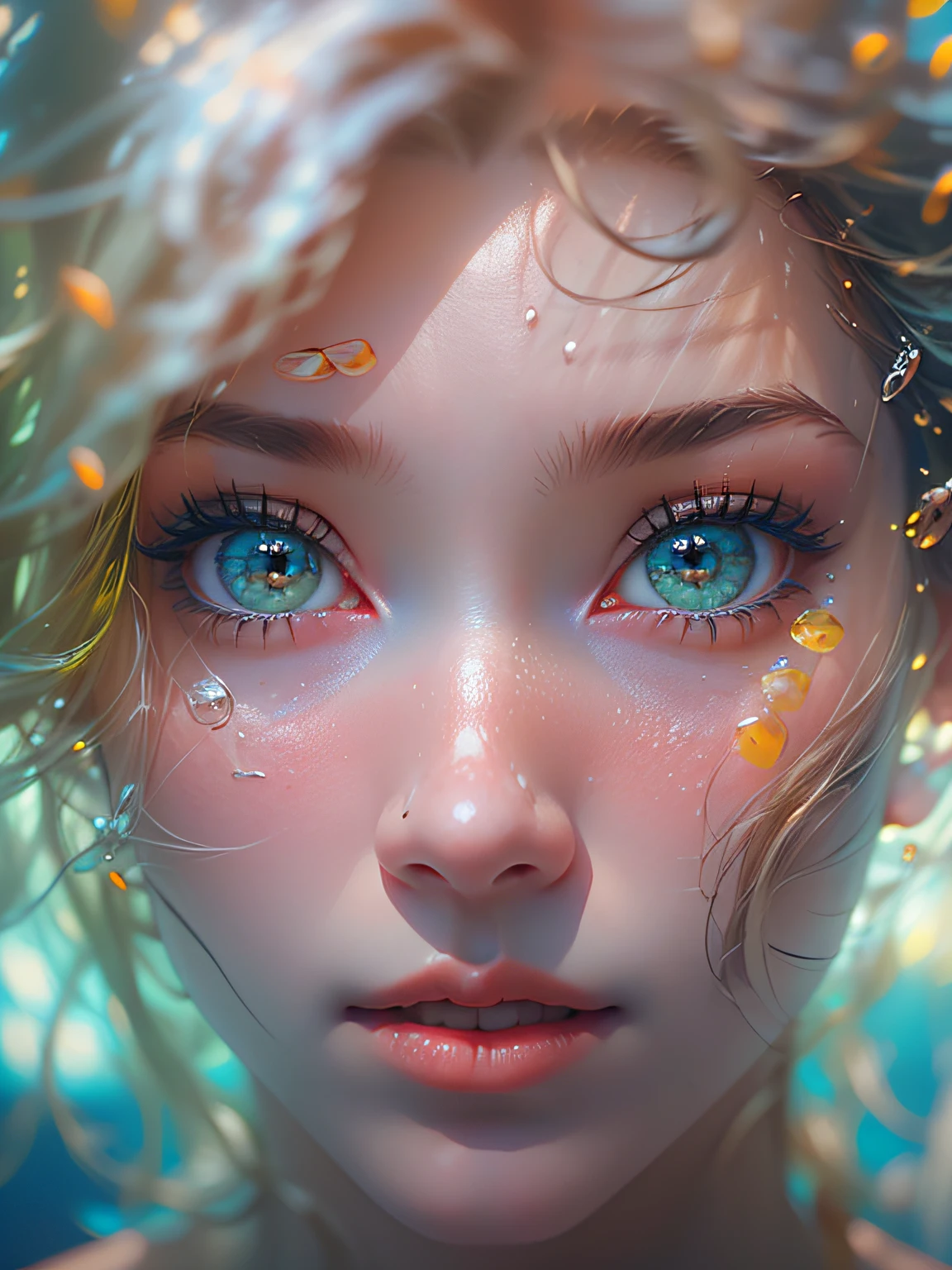 super girl, bikini of, Blue eyes, Blonde hair, Long hair, (Wet skin:0.8), (Blonde girl:1.5), (full bodyesbian:1.2), (Breast Focus:1.2), (Realistic:1.2), underwater shot, (Realism:1.2), (masutepiece:1.2), (Best Quality), (ultra-detailliert), (8K, Convoluted), (85 mm), light Particle, Lighting, (Highly detailed:1.2), (Detailed face:1.5), (gradients), SFW, Colorful, (Detailed eyes:1.5), (Detailed background), (Dynamic Angle:1.2), (Dynamic Pose:1.2), (rule of third_Composition:1.3), (Line of action:1.2), Wide Shot, night lights, Solo. masterpiece, top-quality, hightquality, hight resolution、Raw photo、full resolution、foco nítido、RAW Portrait、Photorealsitic、Raw foto、hyperdetailed photo、(natural skin textures、Detailed skin、Hyper-Realism、ultra sharpness)、High definition skin、(ighly detailed、detailed skin textures、intricate detailes、depth of fields、Bright lighting、(Lighting from below)、beautiful countenance、(lifelike face)、realisticeyes、beatiful detailed eyes、real looking skin、Beautiful skins、A hyper-realistic、ighly detailed、