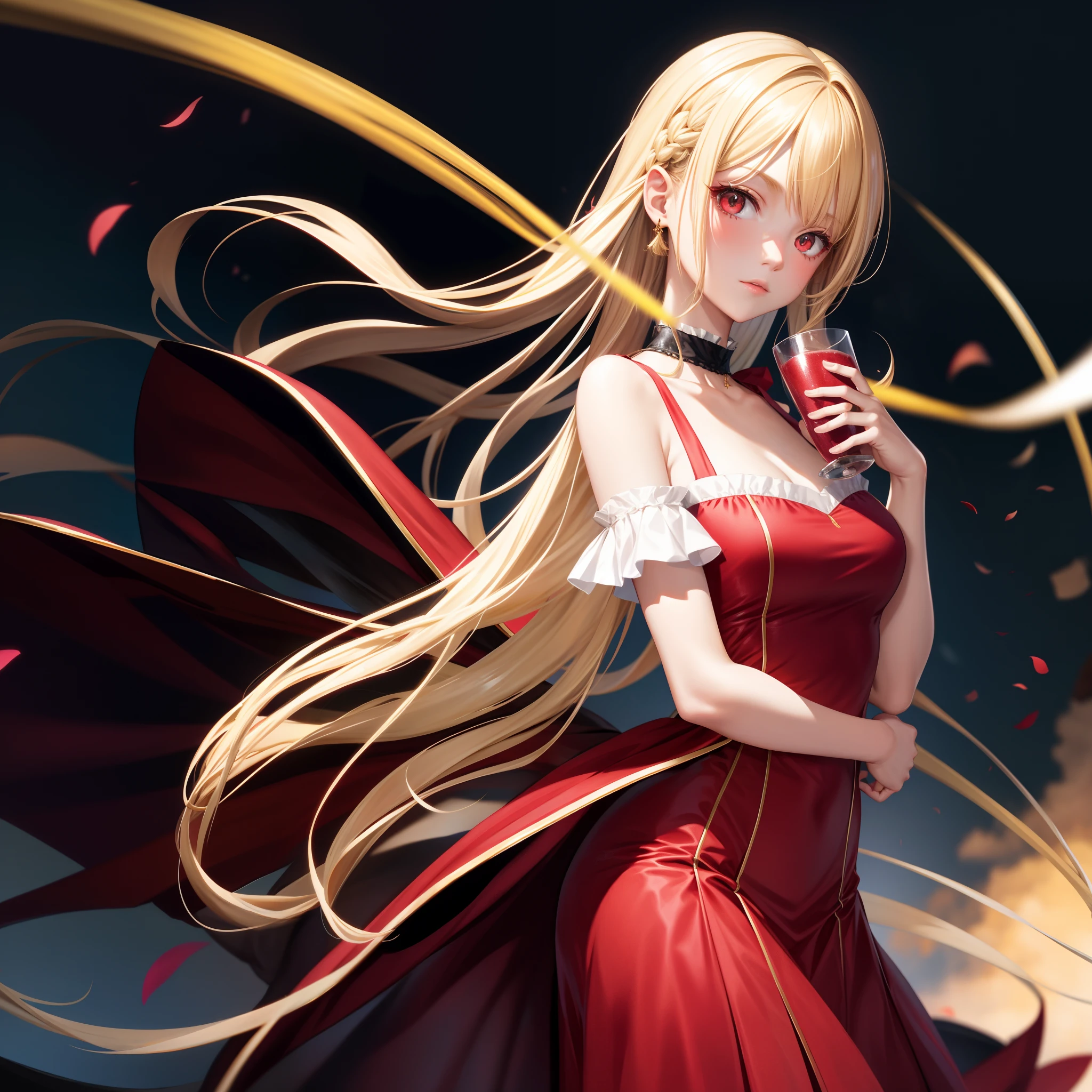 blonde, red eyes, girl, alone, solo, 1girl, off-shoulder, dress,